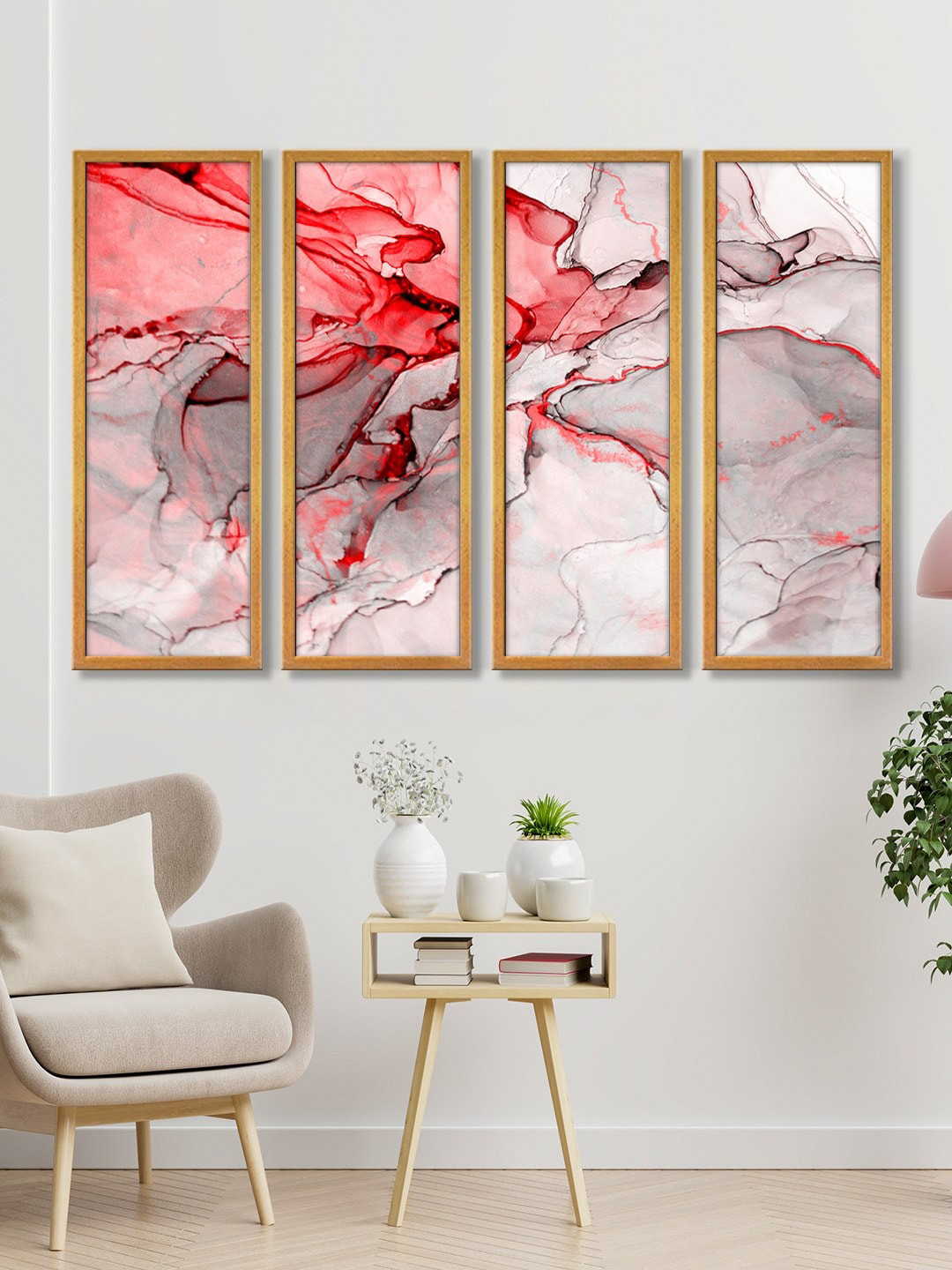 999Store Set Of 4 Red & White Abstract Painting Framed Wall Art