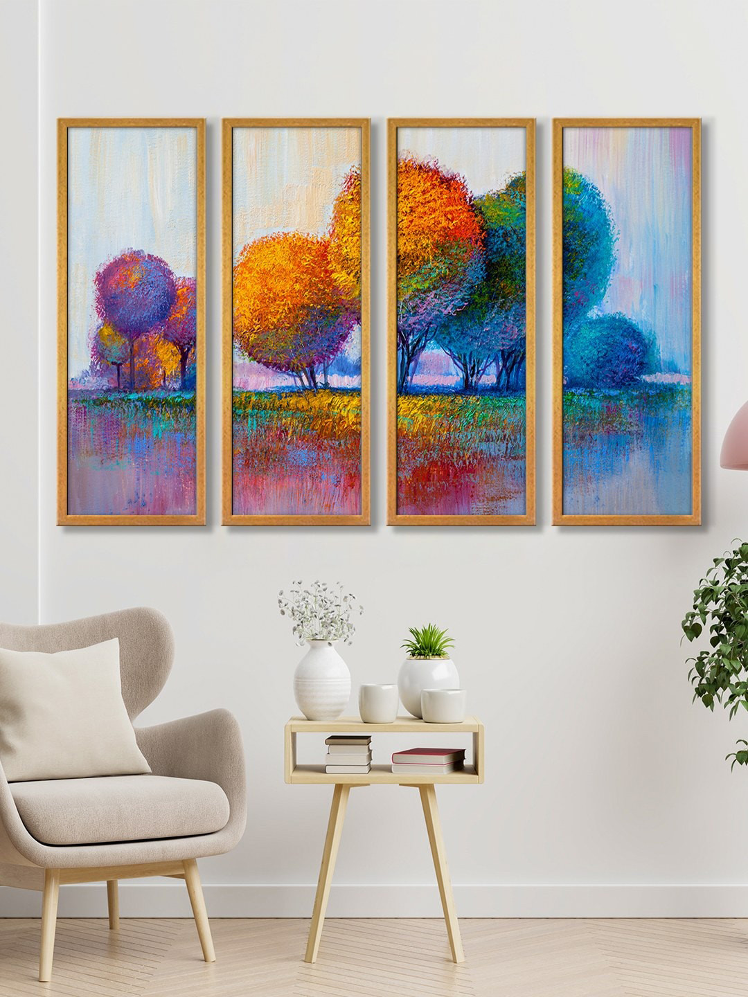 999Store Set Of 4 Multicoloured Colorful Trees Painting Framed Wall Art
