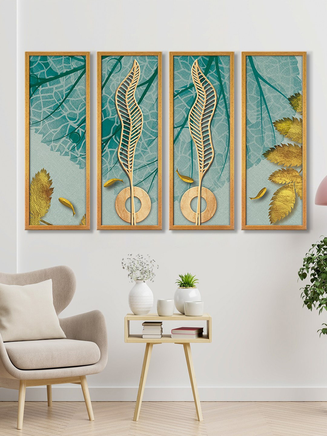 999Store Green & Gold Set of 4 Big Leaves Canvas Wall Art Painting
