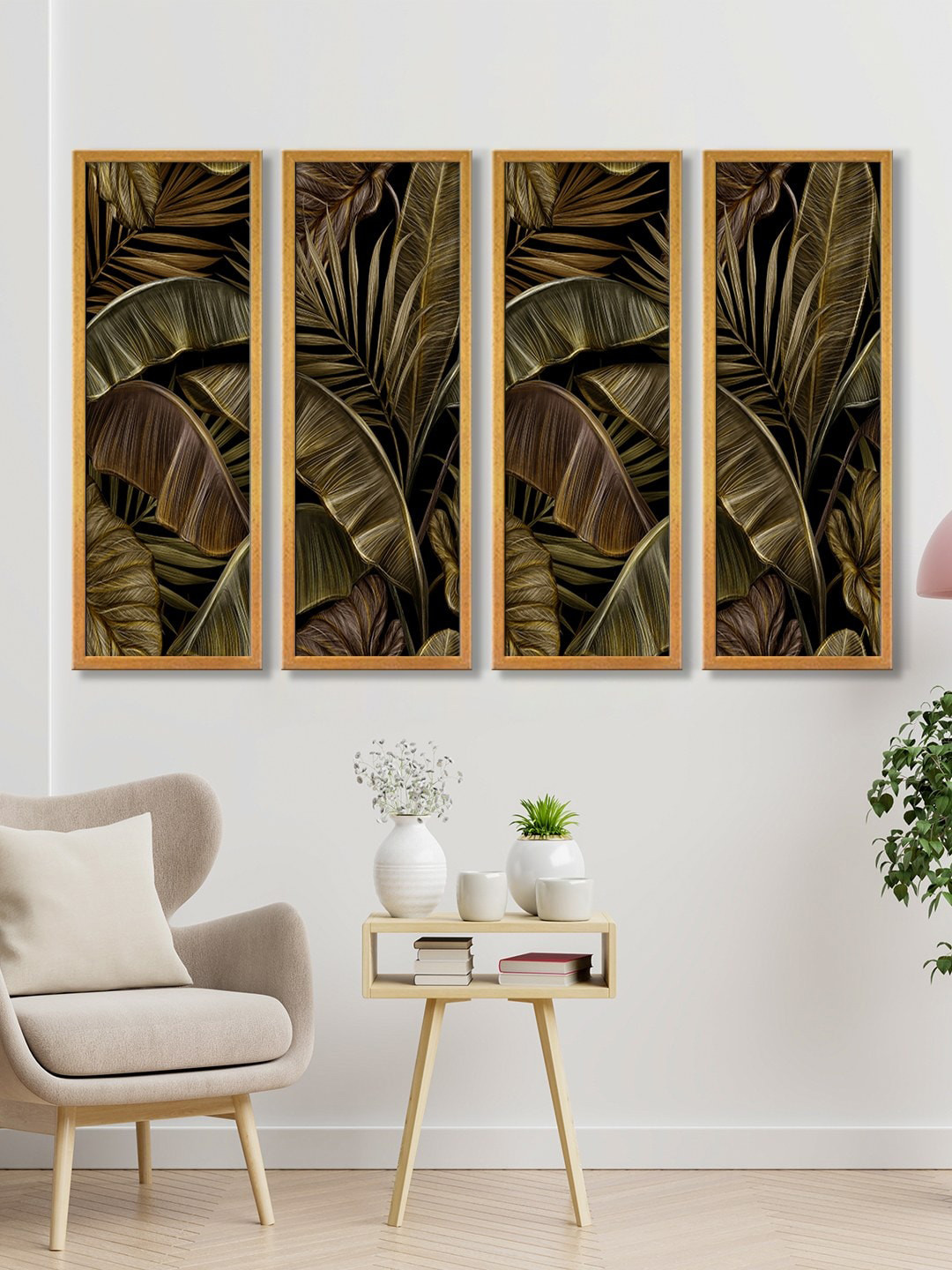 999Store Set Of 4 Brown & Black Palm Tree Leaves Painting Framed Wall Art