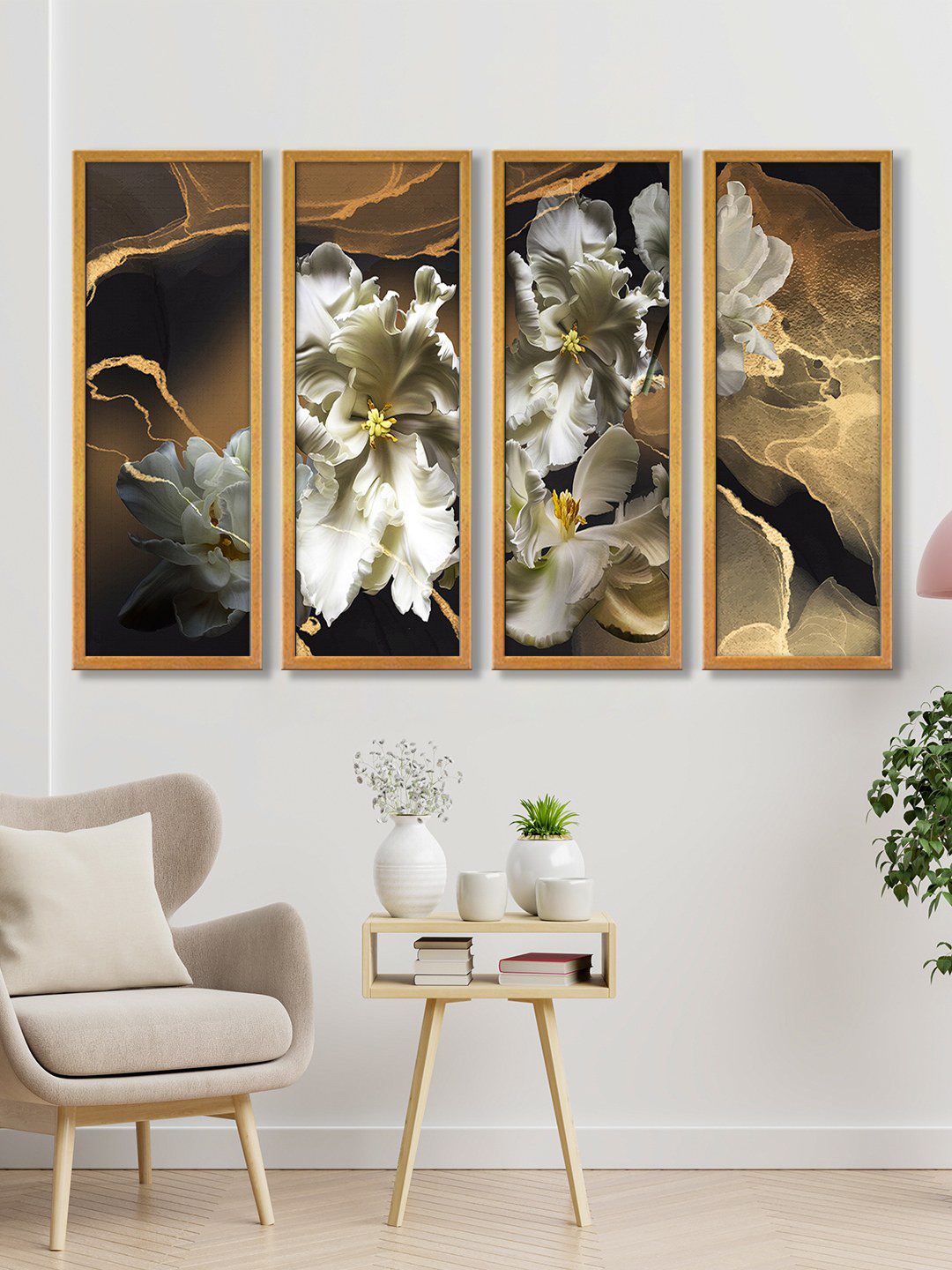 999Store Brown & White Set of 4 Flowers Abstract Canvas Wall Painting