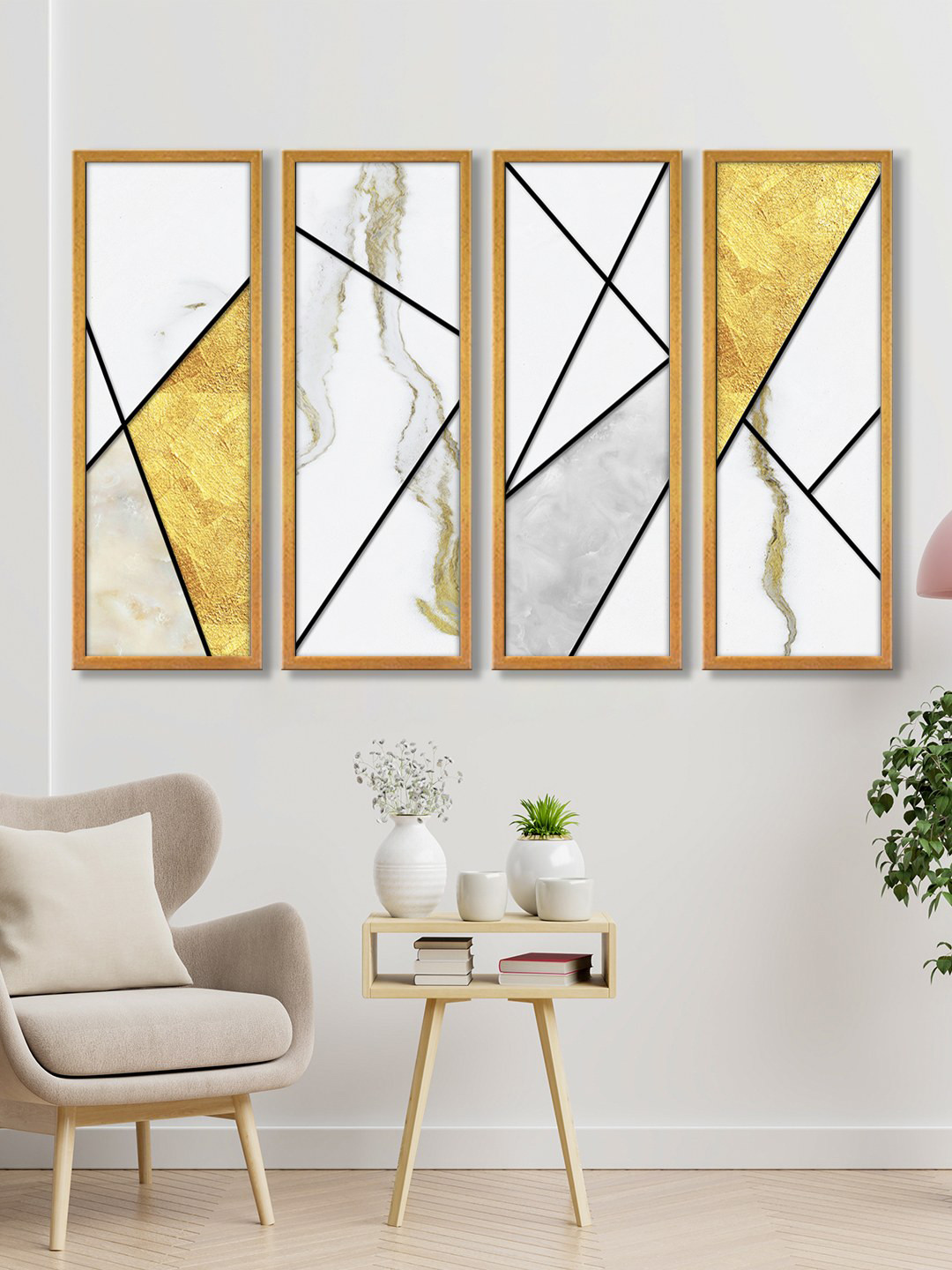 999Store Set of 3 White & Gold Abstract Canvas Wall Art