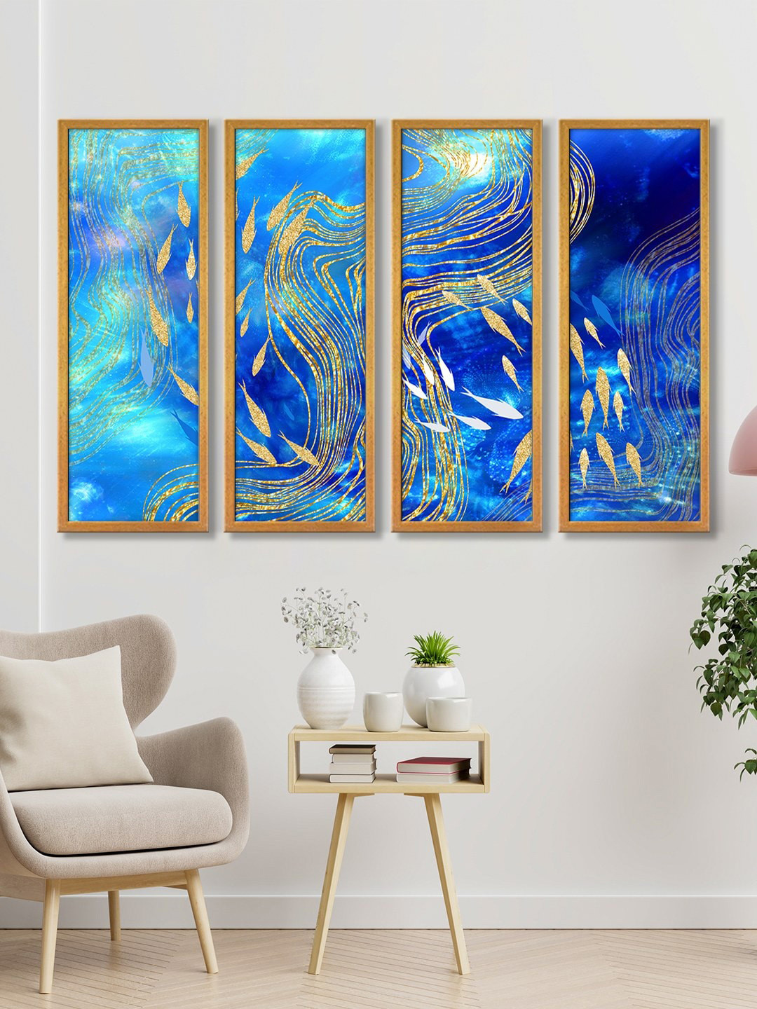 999Store Blue Set of 4 Abstract Fishes Waves In The Sea Canvas Painting