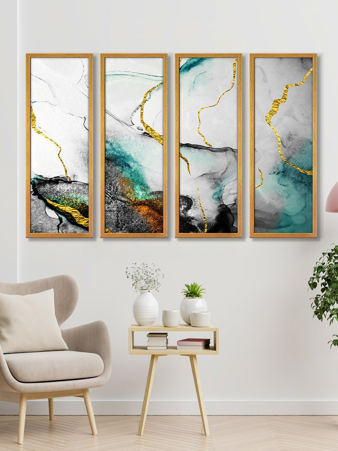 999Store Grey & Green Set of 4 Abstract Wall Art Canvas Panels