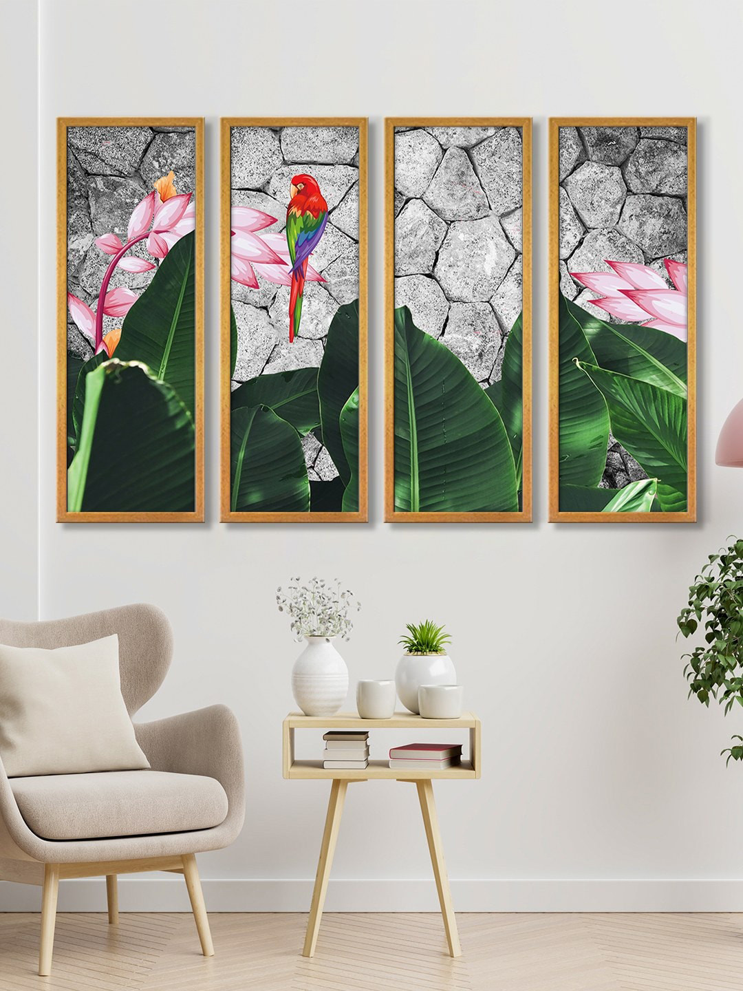 999Store Set of 4 Leaves Flowers Bird Canvas Wall Art Paintings