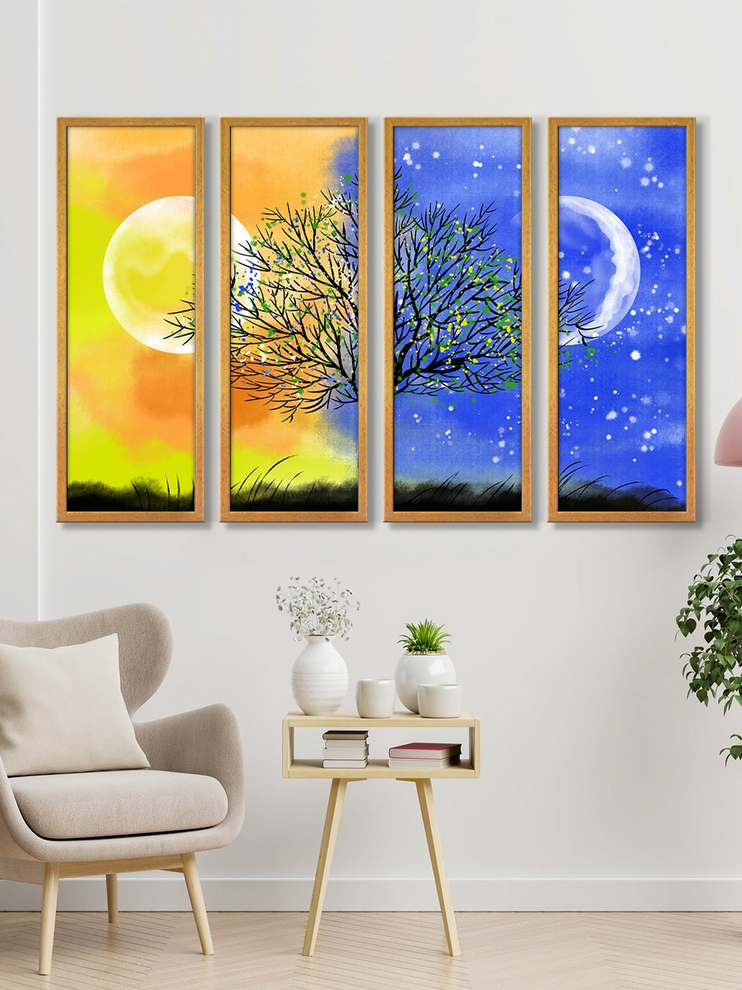 999Store Blue & Yellow Pack of 4 Sun Tree Canvas Wall Art Painting Panels