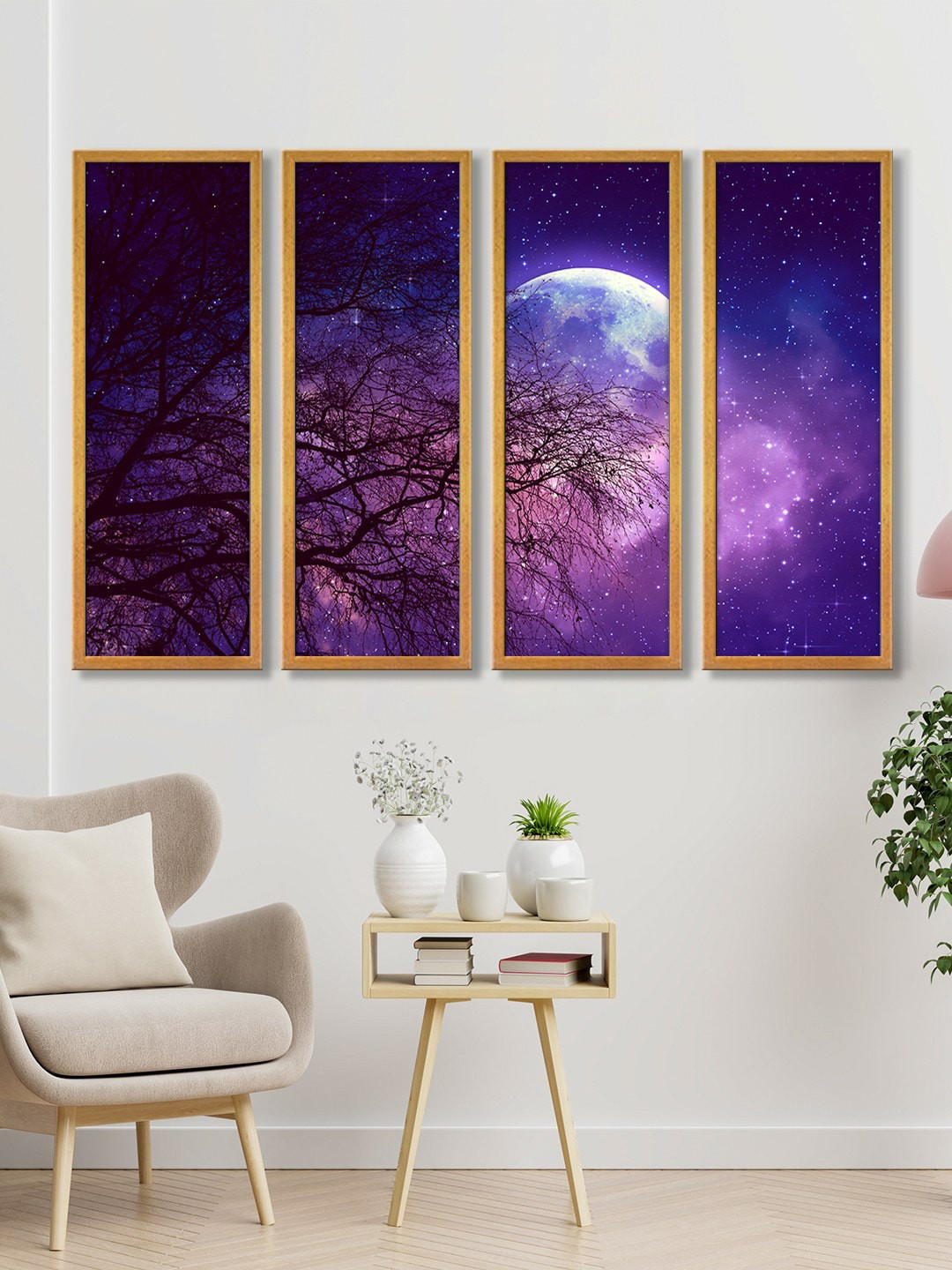 999Store Set of 3 Blue Tree Moons Sky Wall Art Painting