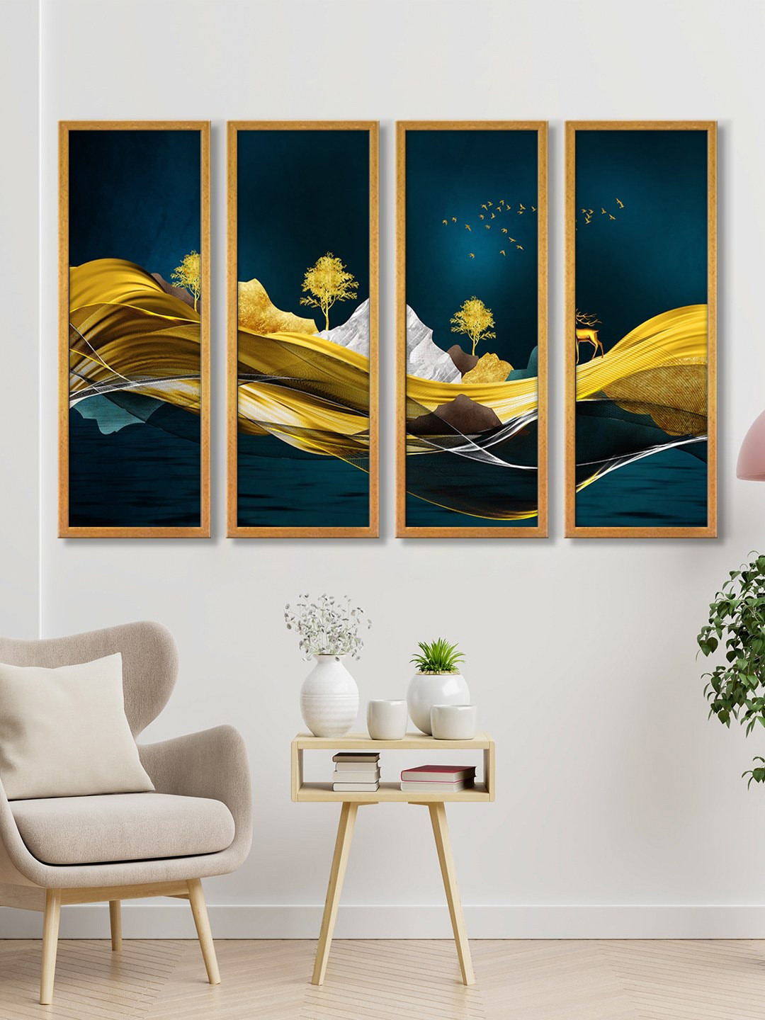 999Store Blue & Yellow Set Of 4 Mountains Tree Painting Framed Wall Art