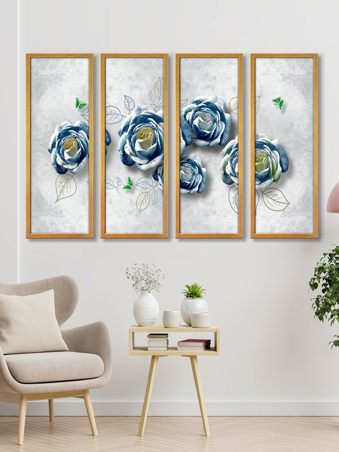 999Store Grey & Blue Roses With Leaves Canvas Art Panels Wall Painting