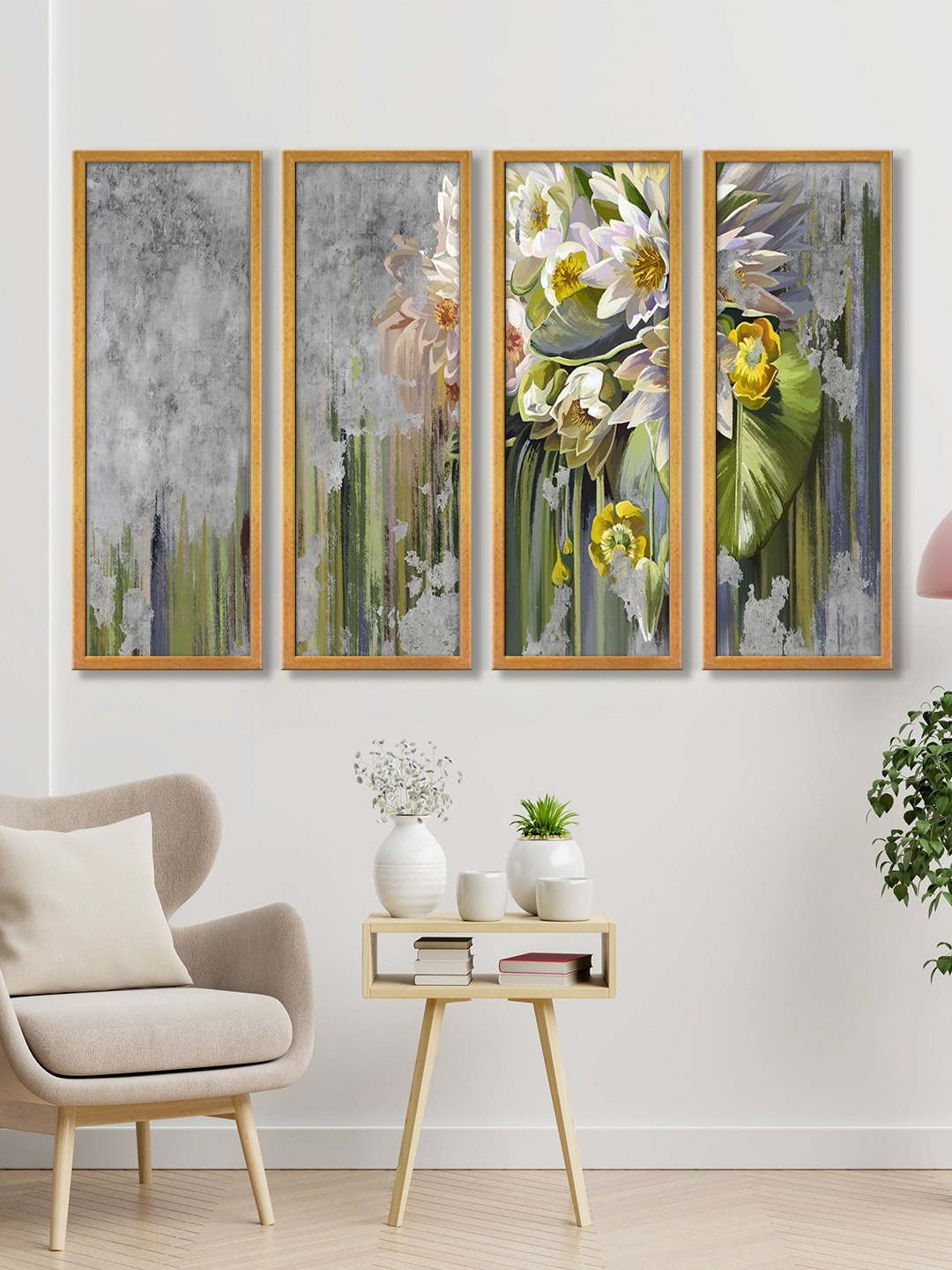 999Store Grey Abstract White Flowers Canvas Wall Hanging Painting