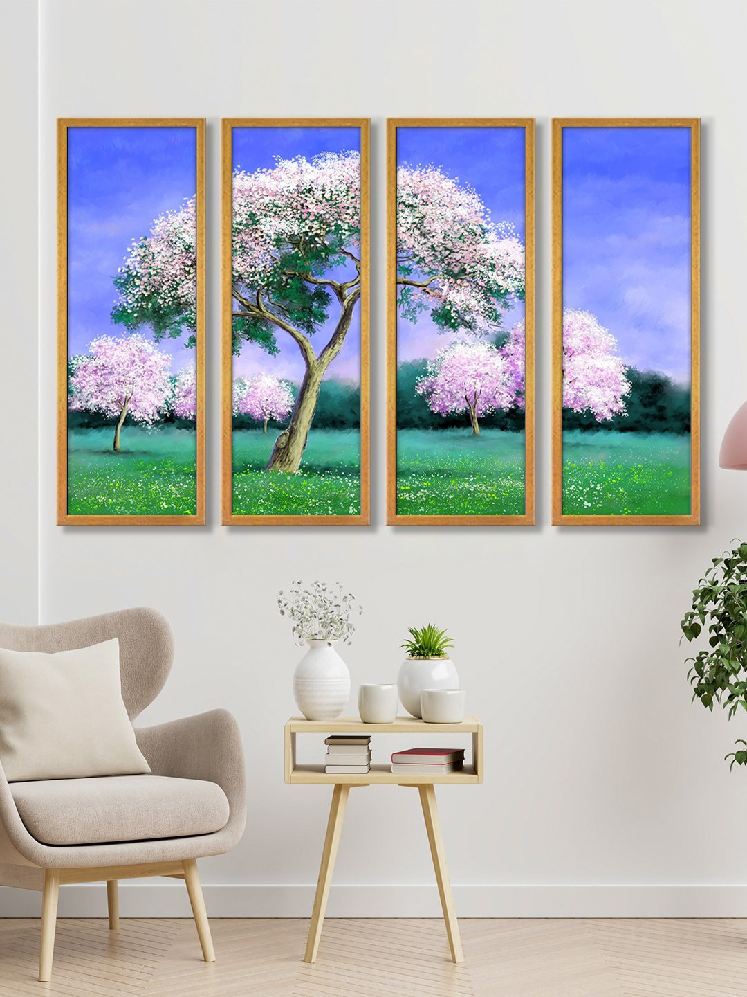 999Store Blue & White Tree Green Field Wall Painting Panel