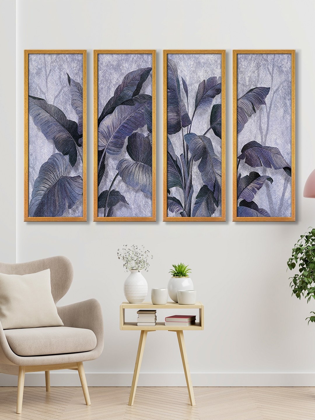 999Store Blue & Grey Set of 4 Big Leaves Wall Art Canvas Painting