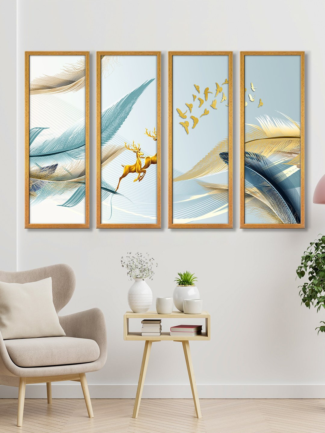 999Store Multicoloured Pack of 4 Flying Deer And Birds Wall Hanging Canvas Painting