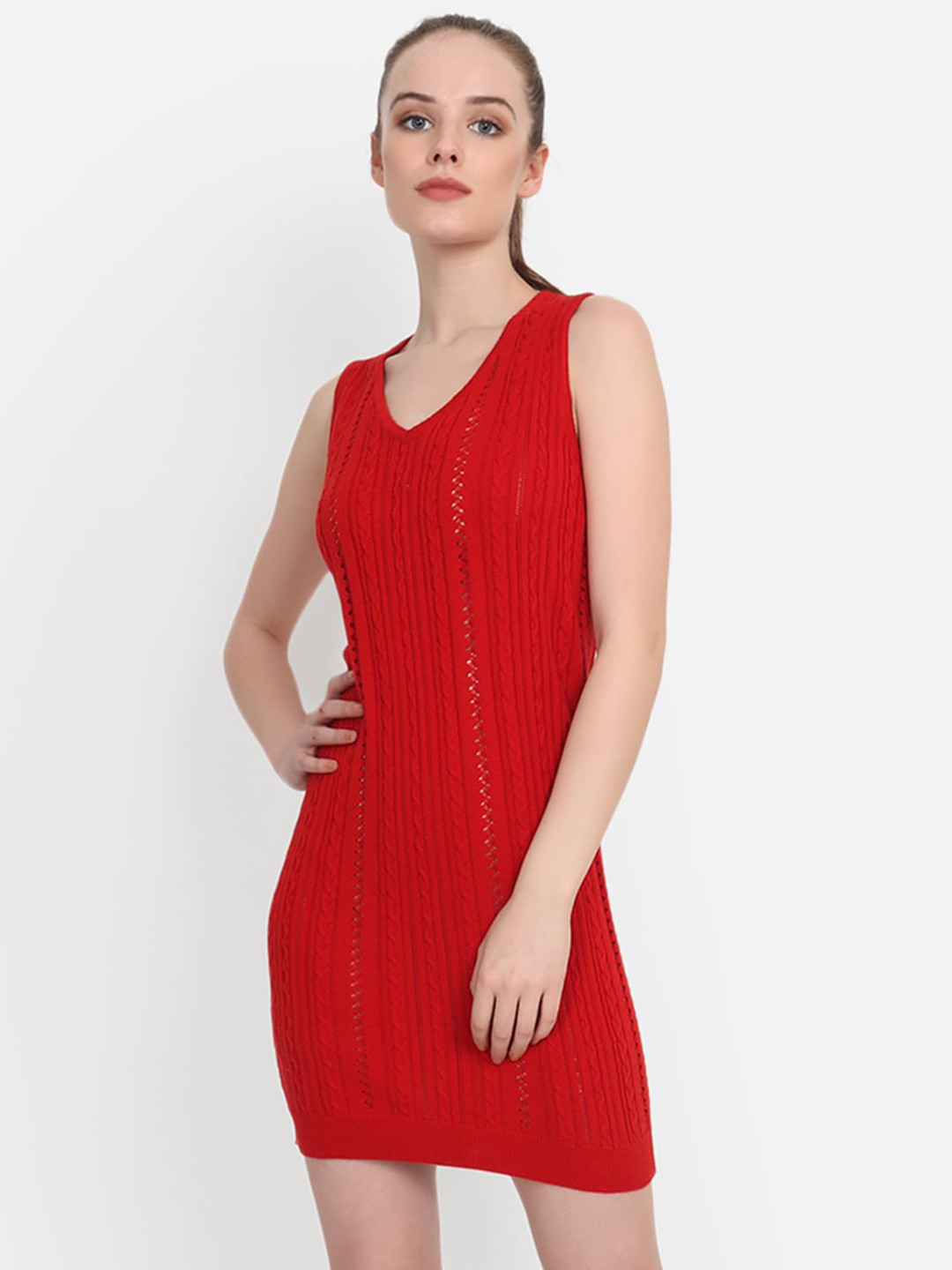 JoE Hazel Red Self Design Sheath Dress