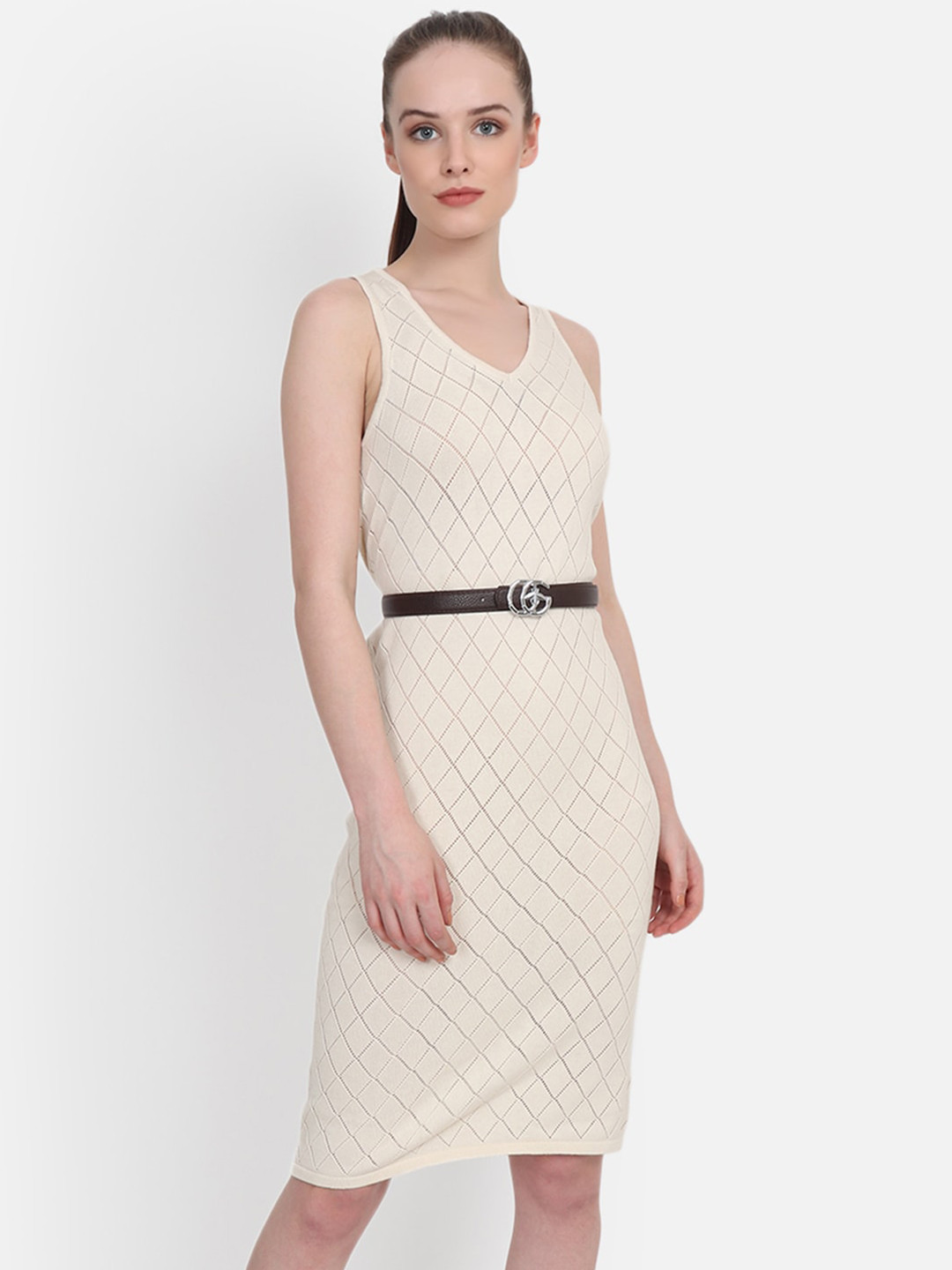 JoE Hazel Beige & Gold-Toned Cotton Sheath Dress With Belt