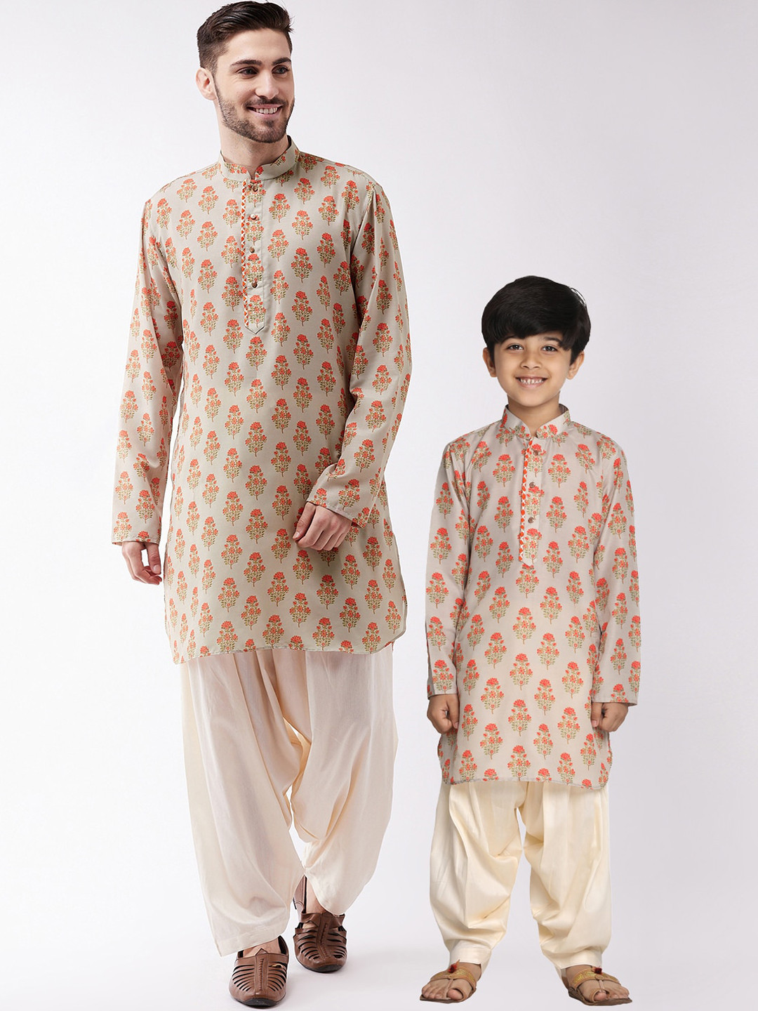 VASTRAMAY Boys Beige & Cream Ajrak Kurta & Patiyala Set