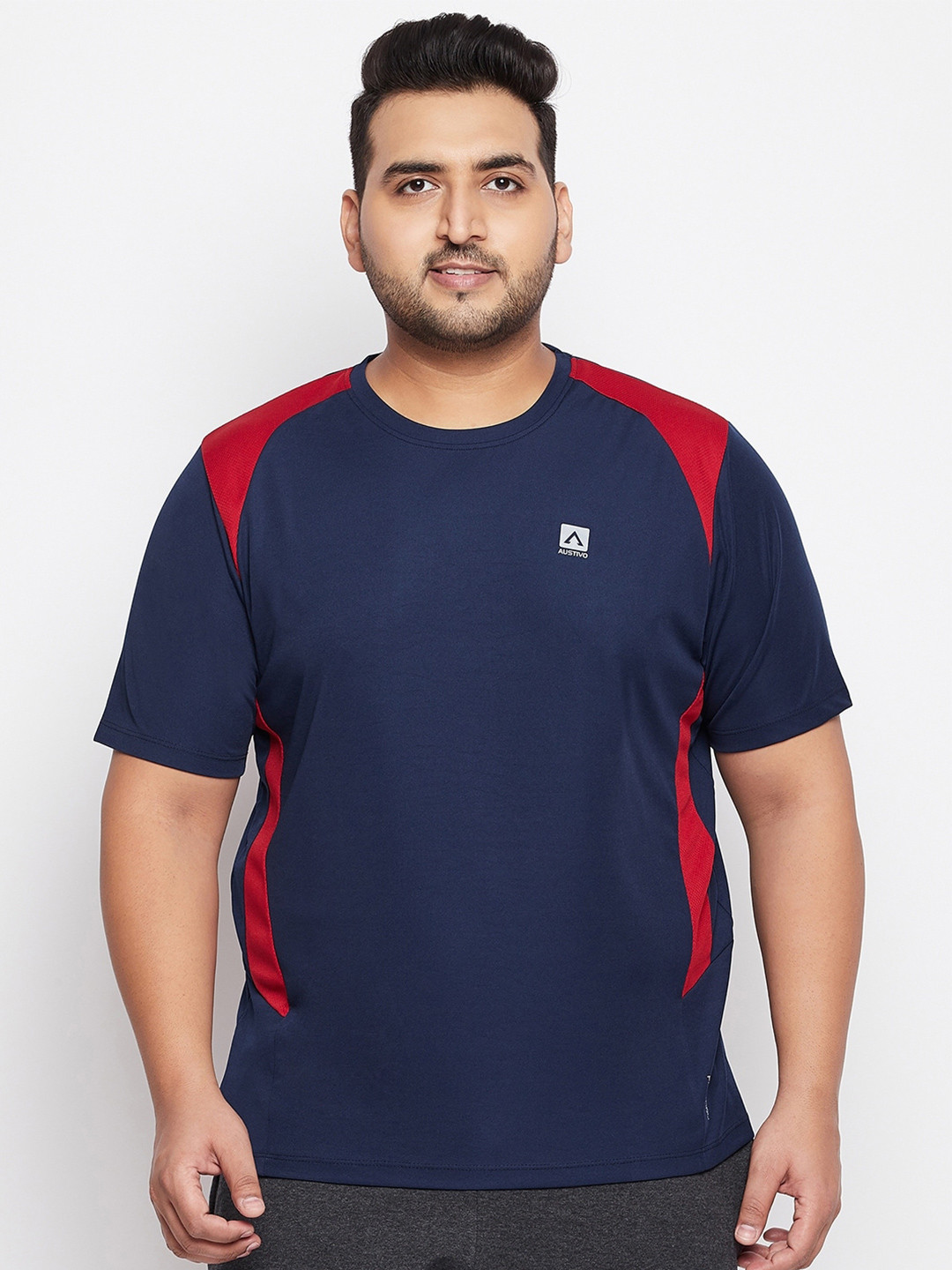 AUSTIVO Plus Size Men Blue & Red Colourblocked Sports T-shirt