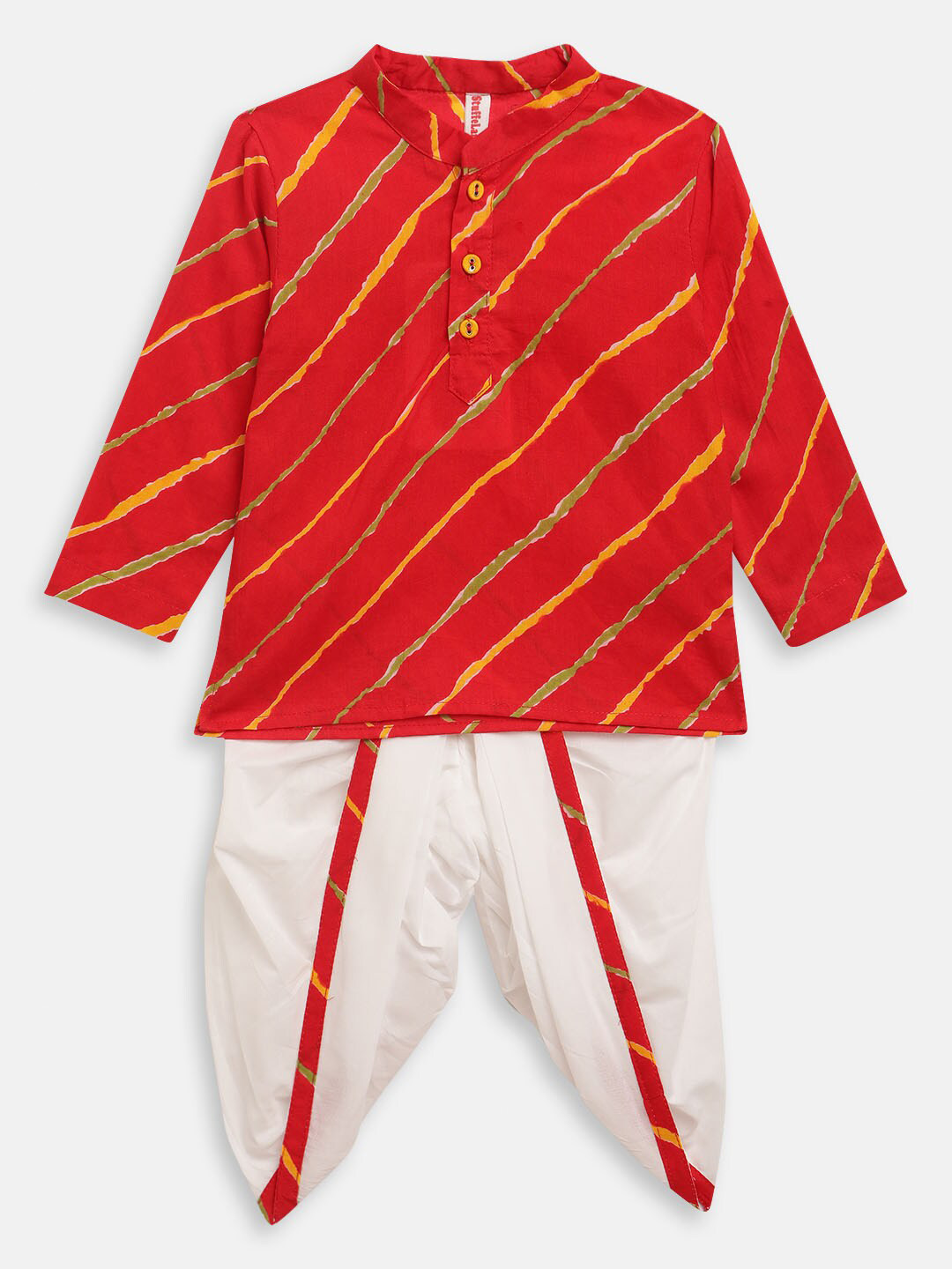 Stuffie Land Boys Red Leheriya Printed Pure Cotton Kurta with Dhoti Pants
