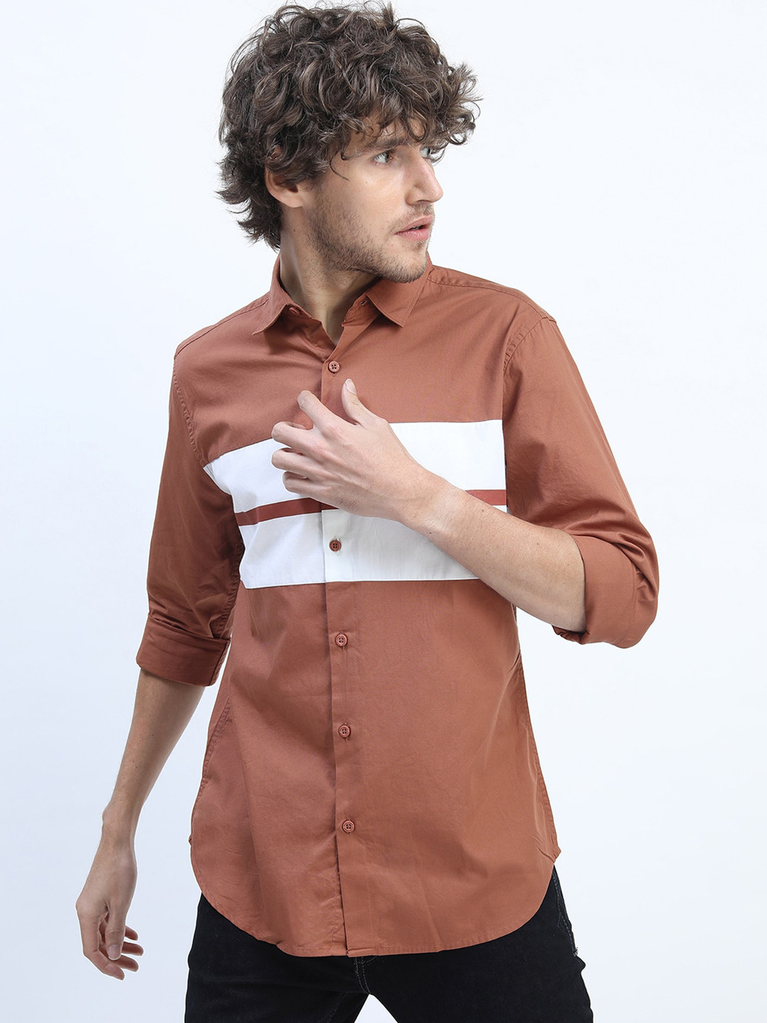 HIGHLANDER Men Rust Slim Fit Horizontal Stripes Striped Casual Shirt