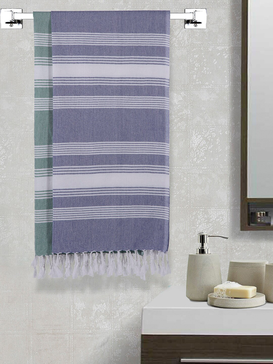 Arrabi Set Of 2 Green & Blue Striped 210 GSM Handwoven Cotton Bath Towels