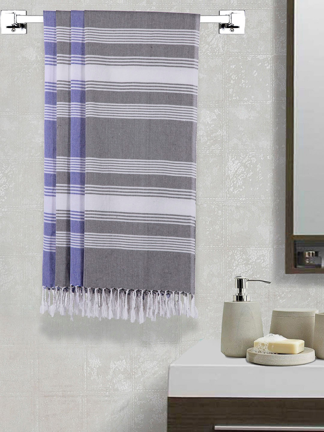 Arrabi Set Of 4 Grey & Blue Striped 210 GSM Cotton Bath Towels