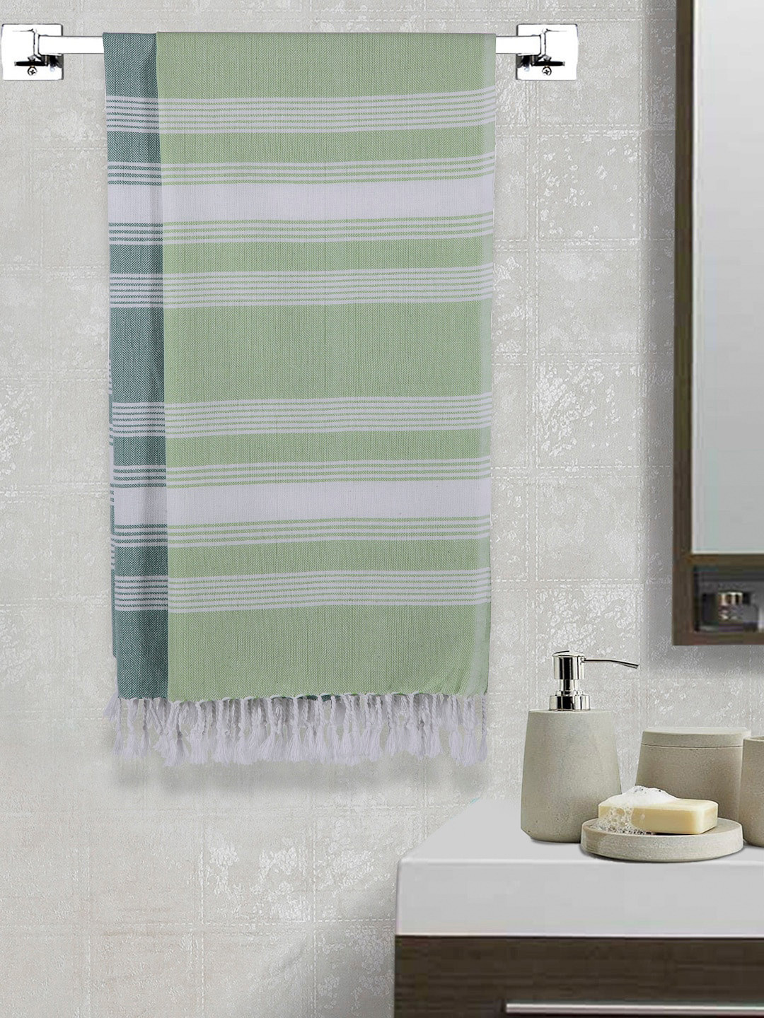 Arrabi Green & Blue Set Of 2 Striped 210 GSM Cotton Bath Towels