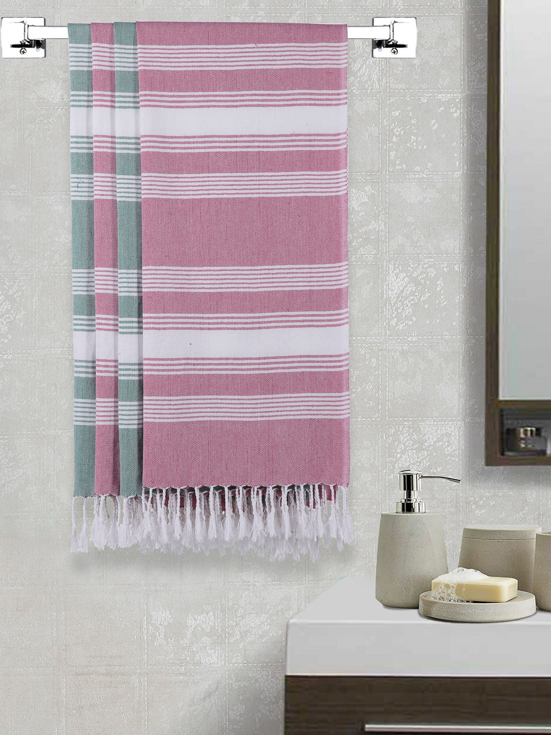 Arrabi Pink & Green Set Of 4 Striped 210 GSM Cotton Bath Towels