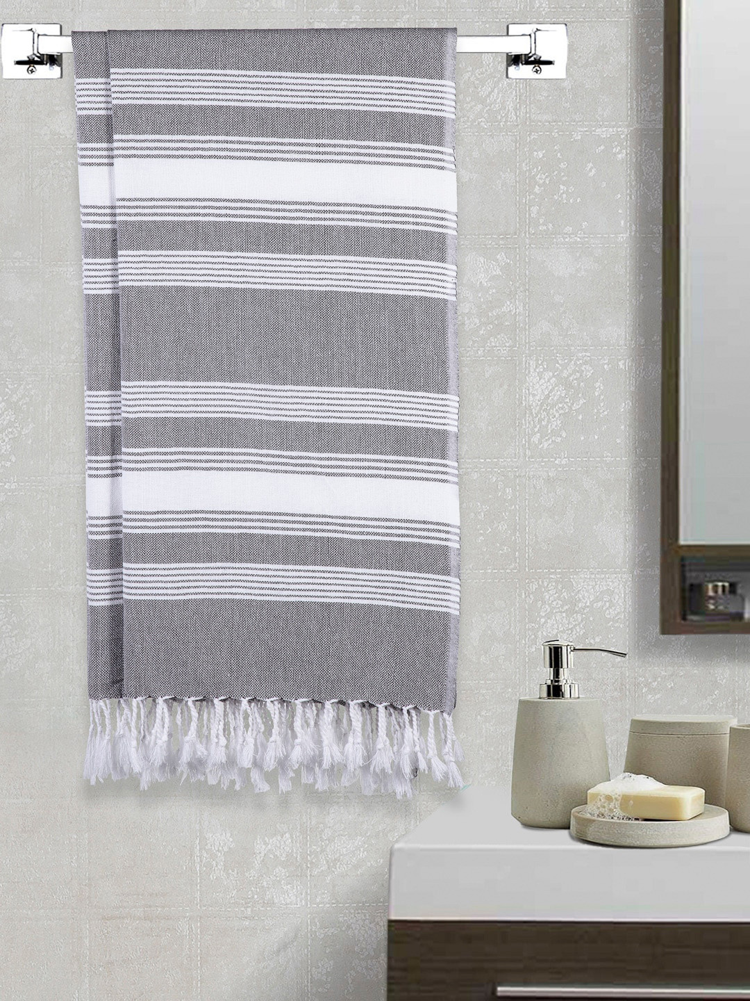 Arrabi Set Of 2 Grey & White Striped 210 GSM Cotton Handwoven Bath Towels