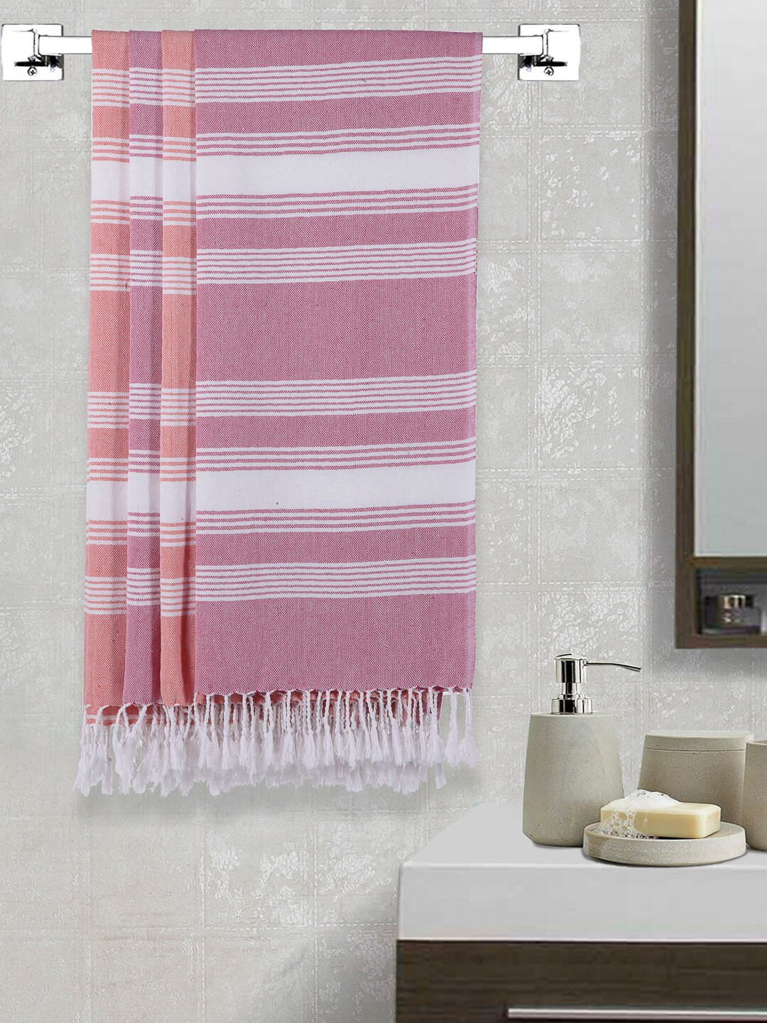 Arrabi Set Of 4 Coral-Coloured & White Striped 210 GSM Cotton Bath Towels