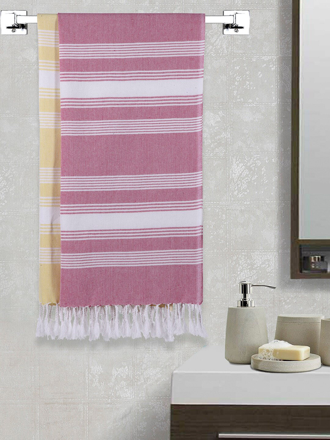 Arrabi Set Of 2 Pink & Yellow Striped Cotton 210 GSM Bath Towels