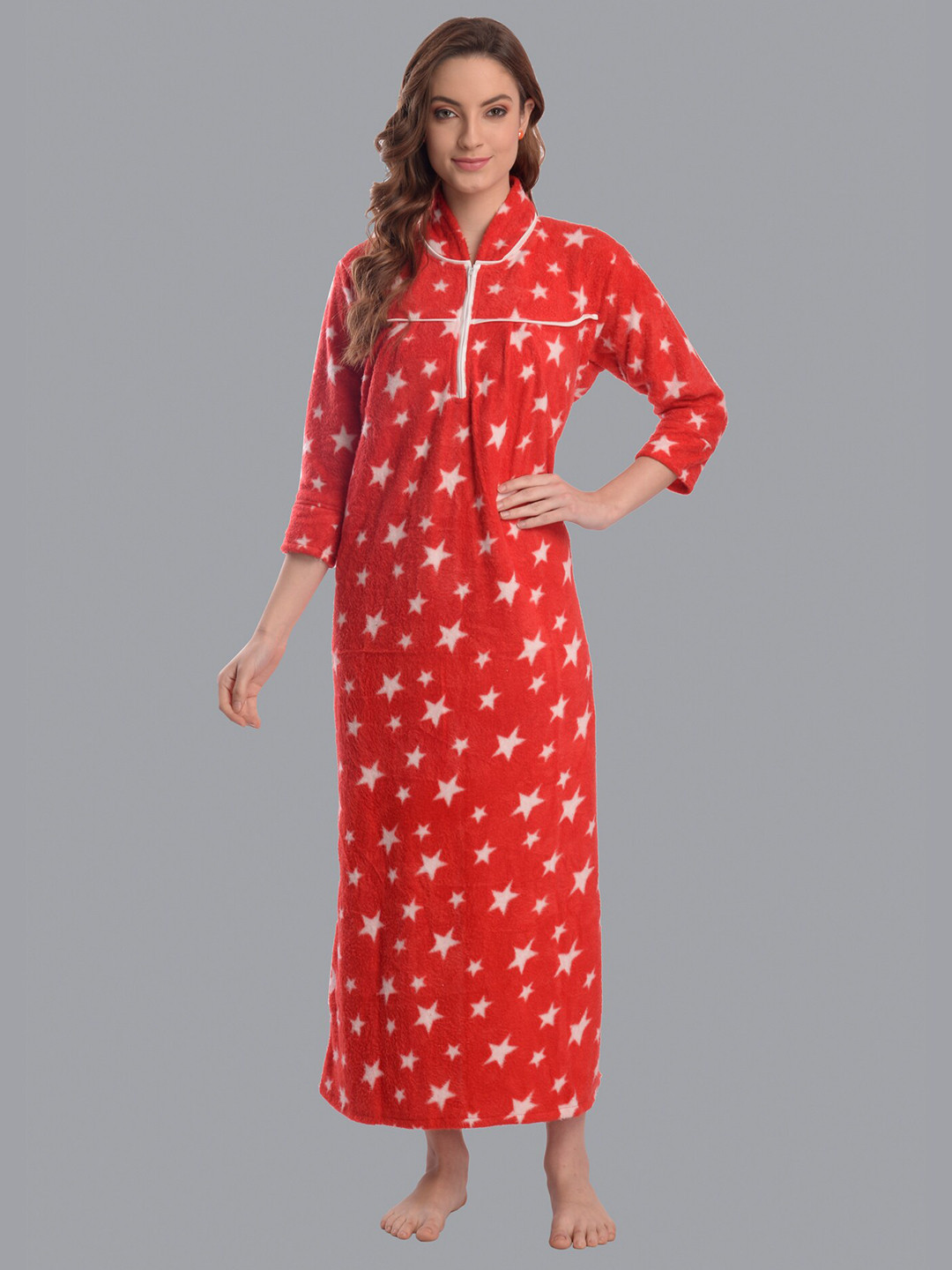 CIERGE Red Star Printed Winter Maxi Nightdress