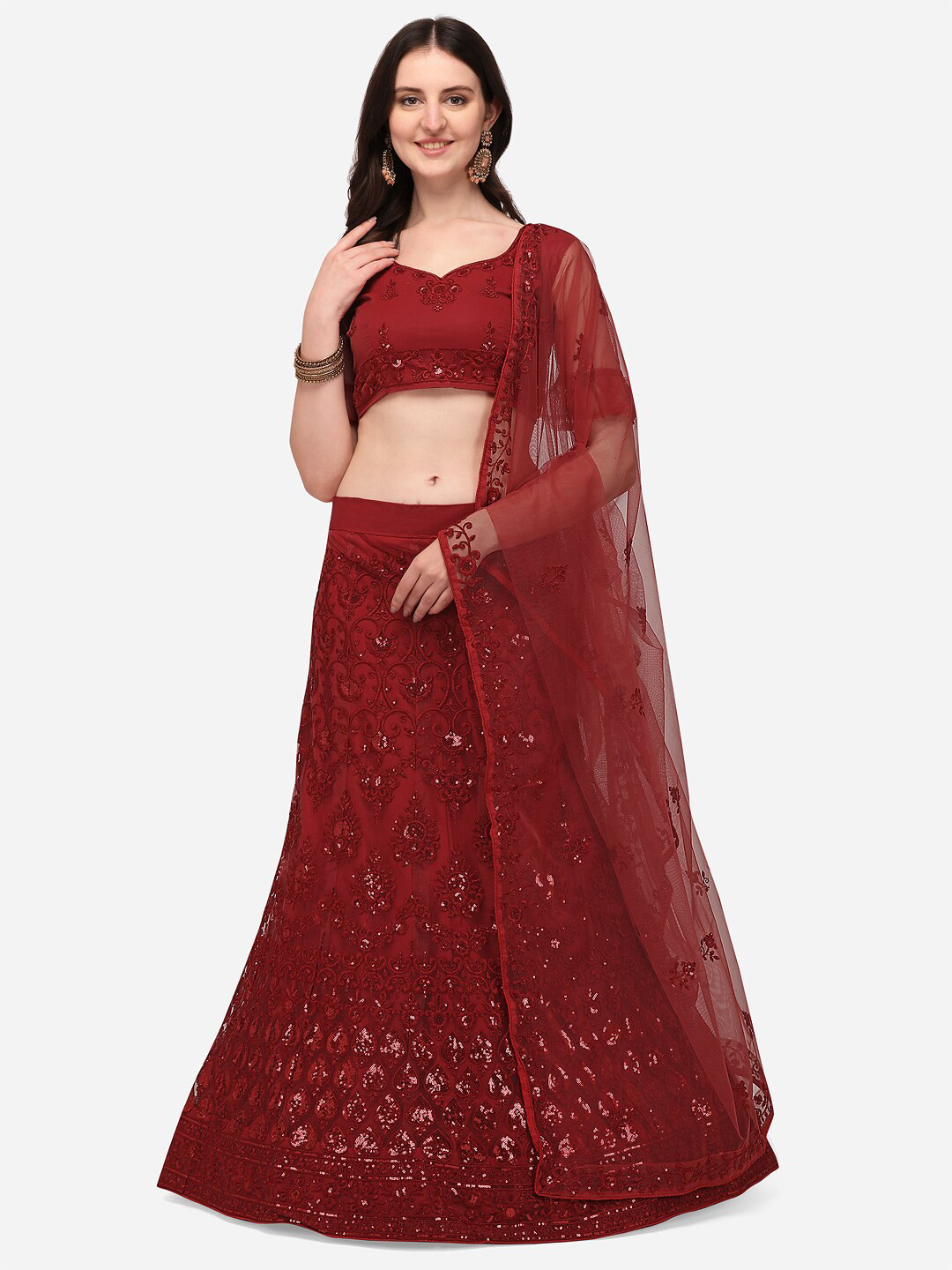 RAJGRANTH Maroon Embellished Semi-Stitched Lehenga & Unstitched Blouse With Dupatta