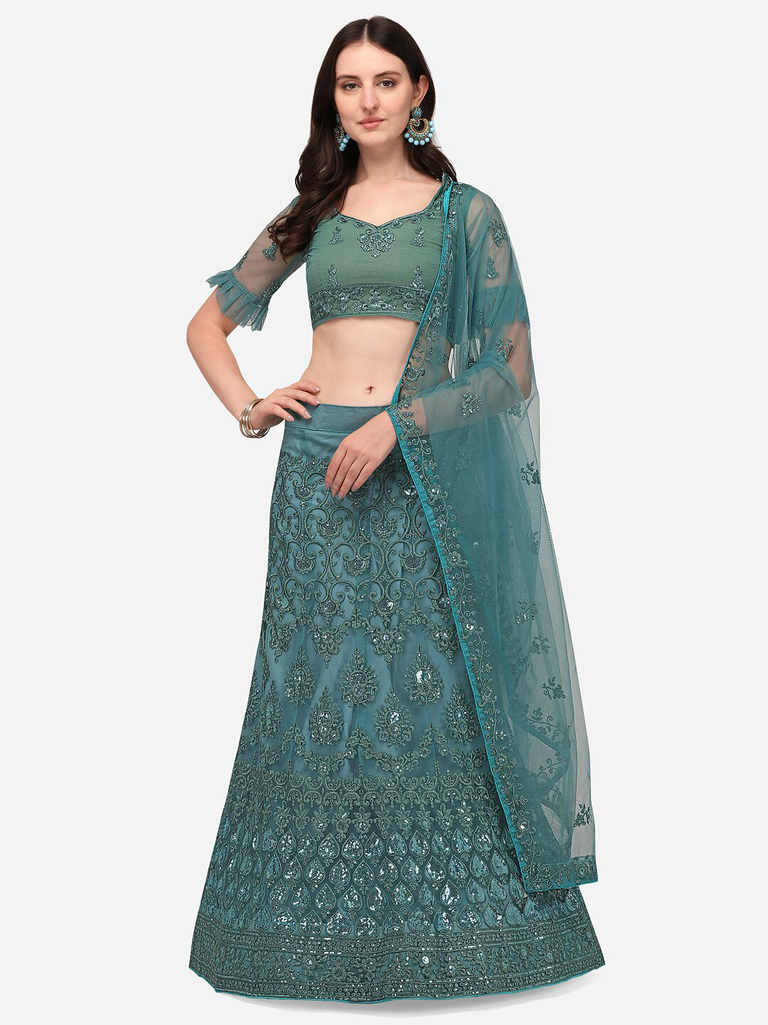 RAJGRANTH Turquoise Blue Embroidered Semi-Stitched Lehenga & Unstitched Blouse With Dupatta