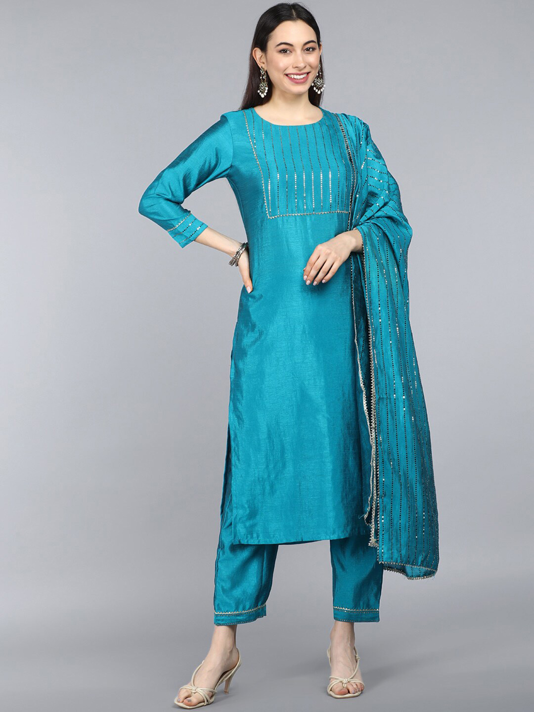 AHIKA Women Teal Kurta with Trousers & With Dupatta