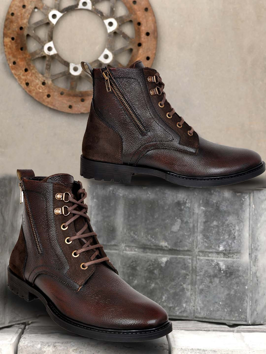 Allen Cooper Men Brown Textured Leather High-Top Flat Boots