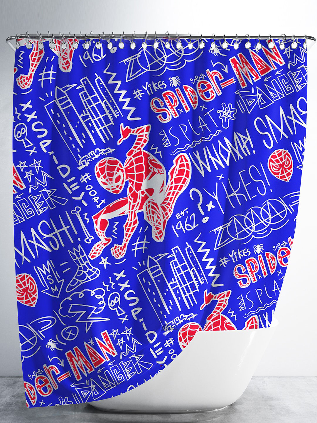YK Blue & Red Spiderman Printed Waterproof Shower Curtain