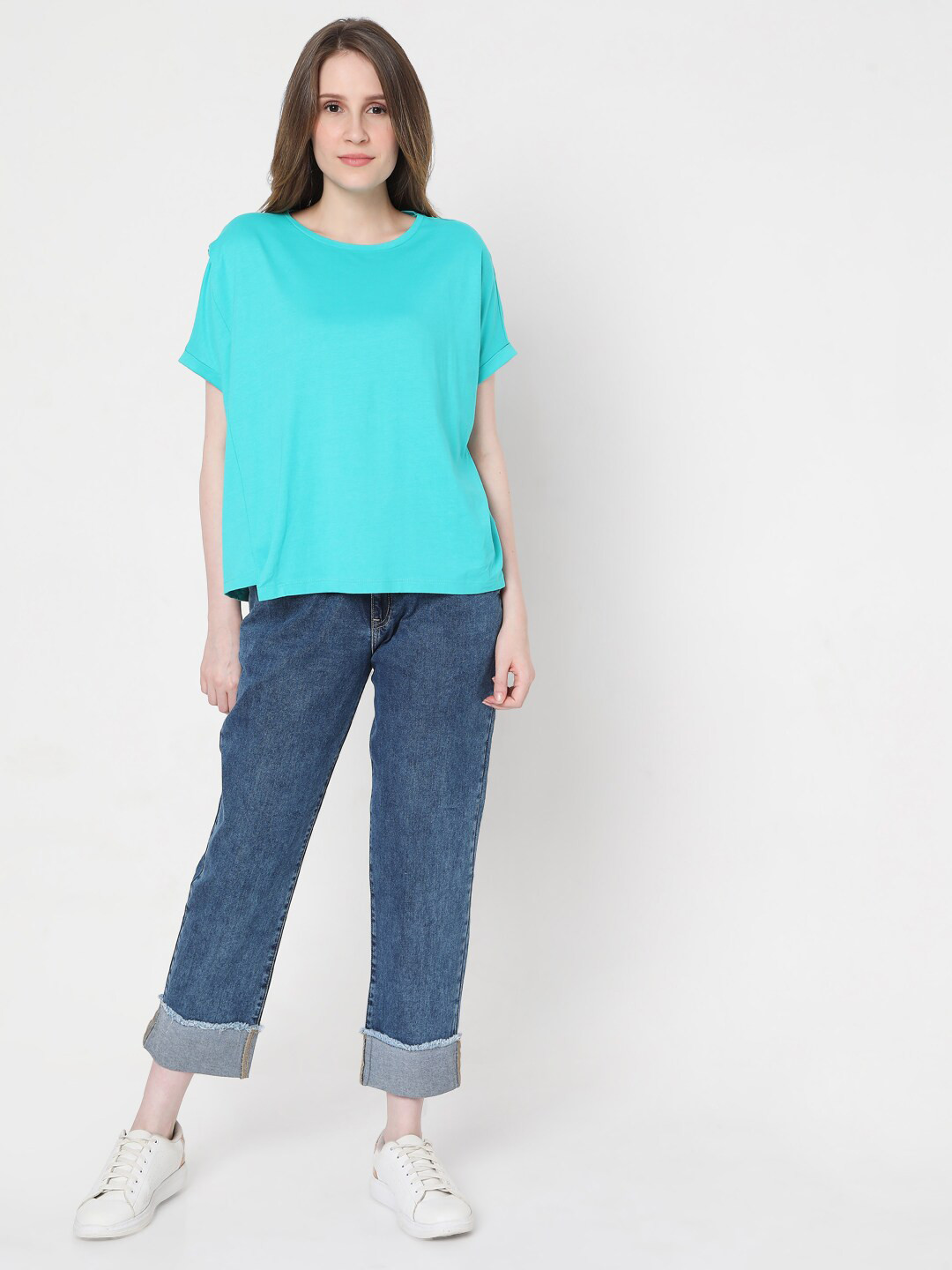 Vero Moda Women Blue Extended Sleeves Boxy FIt T-shirt