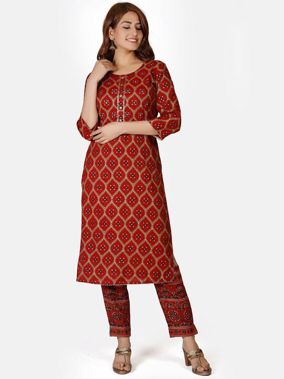 Do Dhaage Women Red Ethnic Motifs Printed Mirror Work Kurta with Trousers