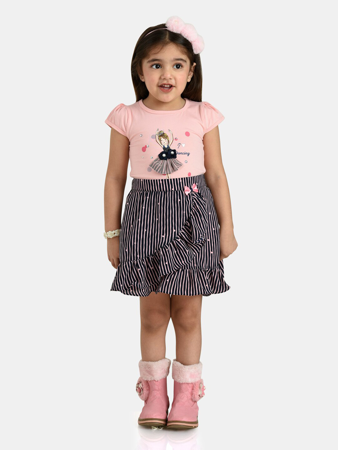 Peppermint Girls Peach-Coloured & Grey Printed clothing set