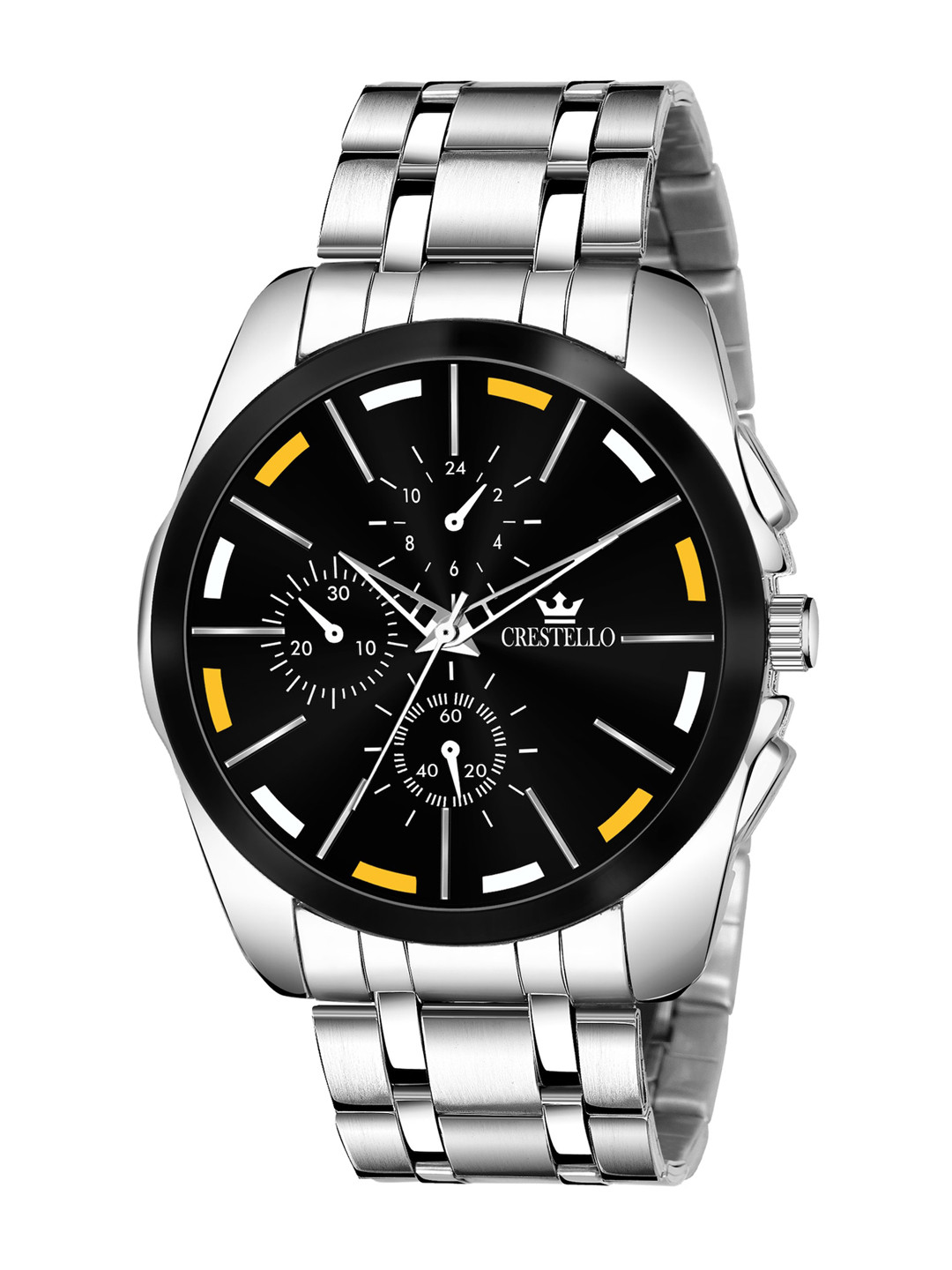 CRESTELLO Men Black Brass Dial & Silver Toned Bracelet Style Straps Analogue Watch CR-G002-BLK