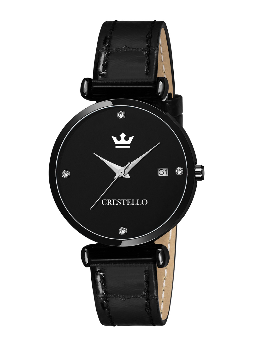 CRESTELLO Woman Black Brass Embellished Dial & Black Bracelet Style Straps Watch