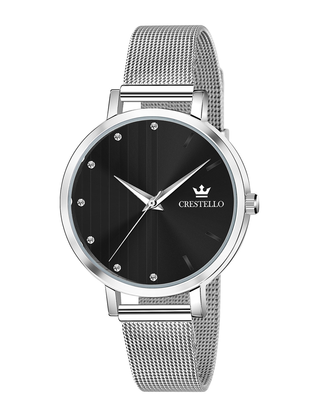 CRESTELLO Women Black Brass Dial & Silver Toned Stainless Steel Straps Analogue Watch