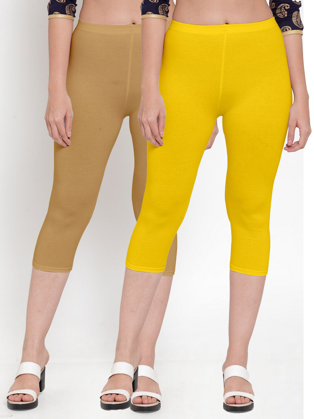 GRACIT Women Pack of 2 Yellow & Beige Capris