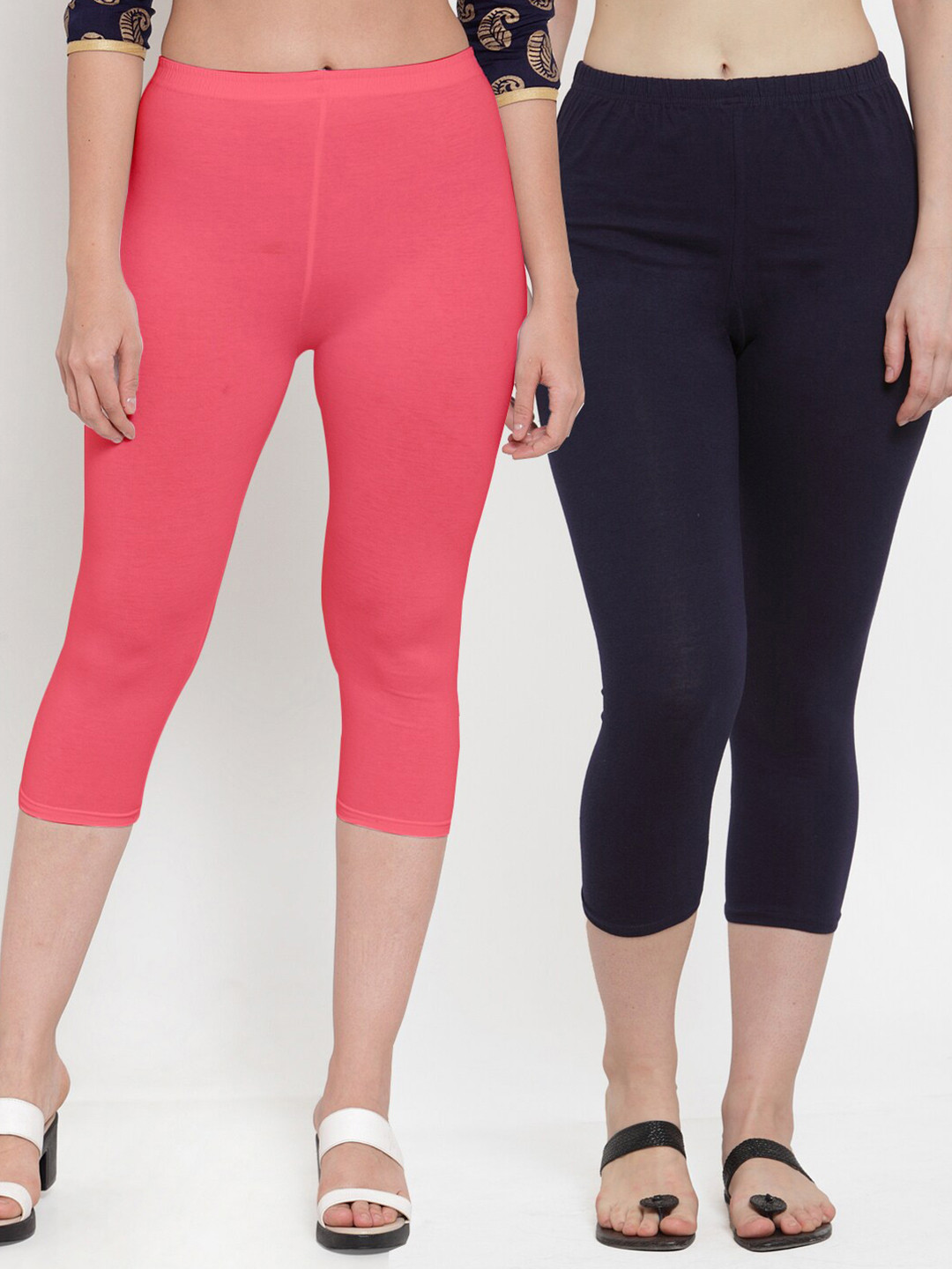 GRACIT Women Pack of 2 Peach-Coloured & Navy Blue Capris