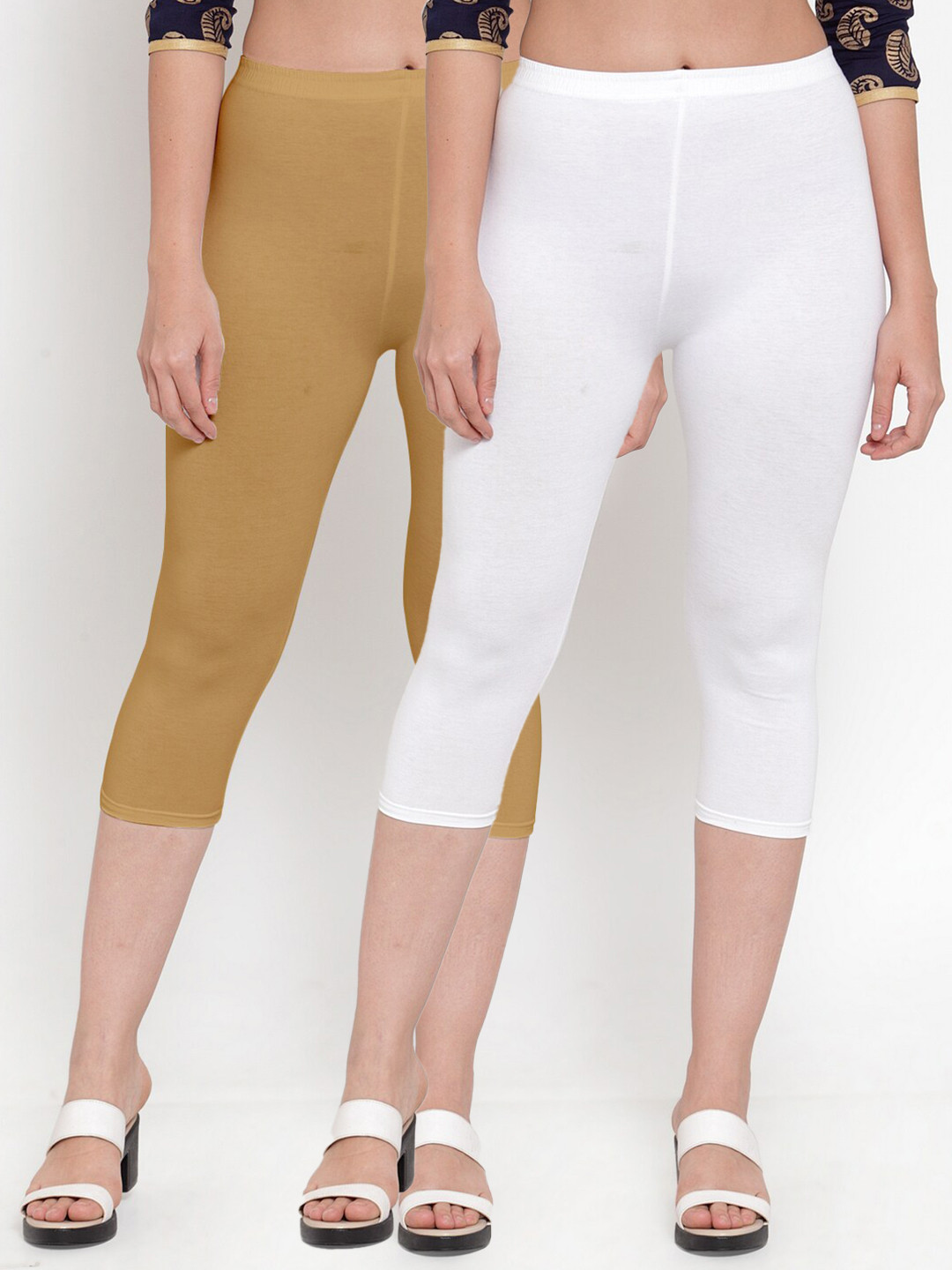 GRACIT Women Pack Of 2 White & Tan Capris