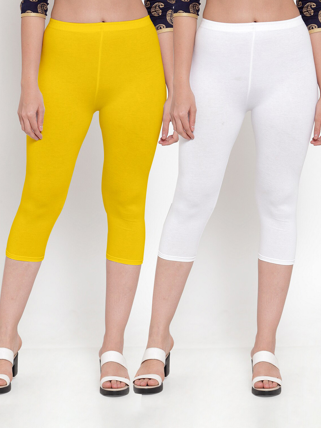 GRACIT Women Pack Of 2 White & Yellow Capris