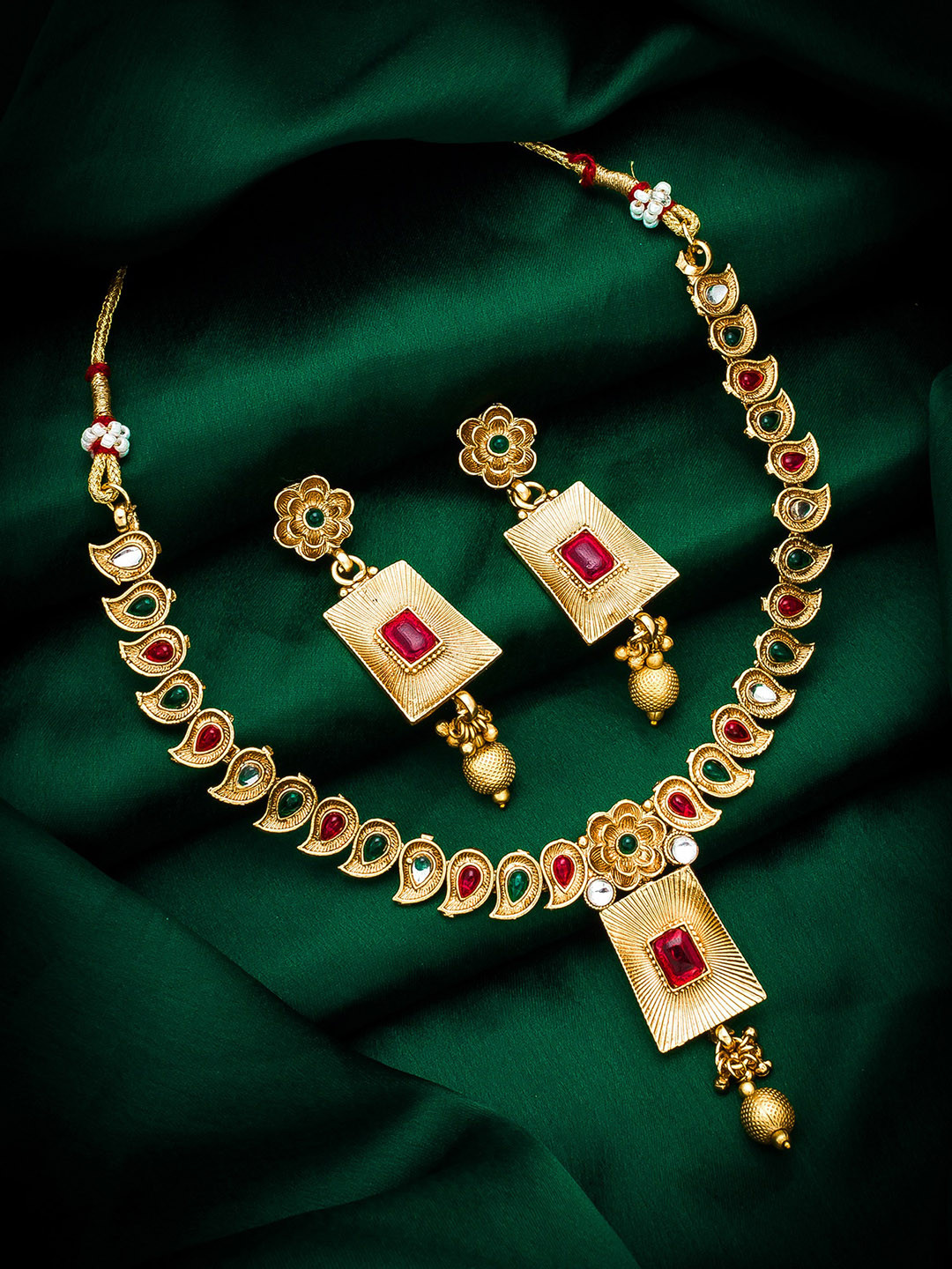 aadita Gold-Plated Red & Green Ruby-Studded & Beaded Jewellery Set
