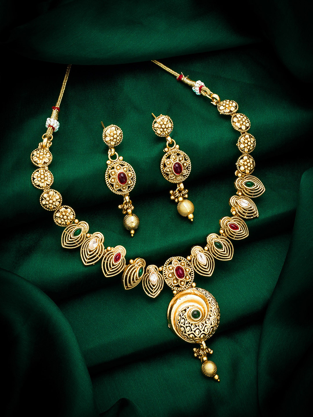 aadita Gold-Plated Pink & Green Ruby-Studded & Beaded Temple Jewellery Set