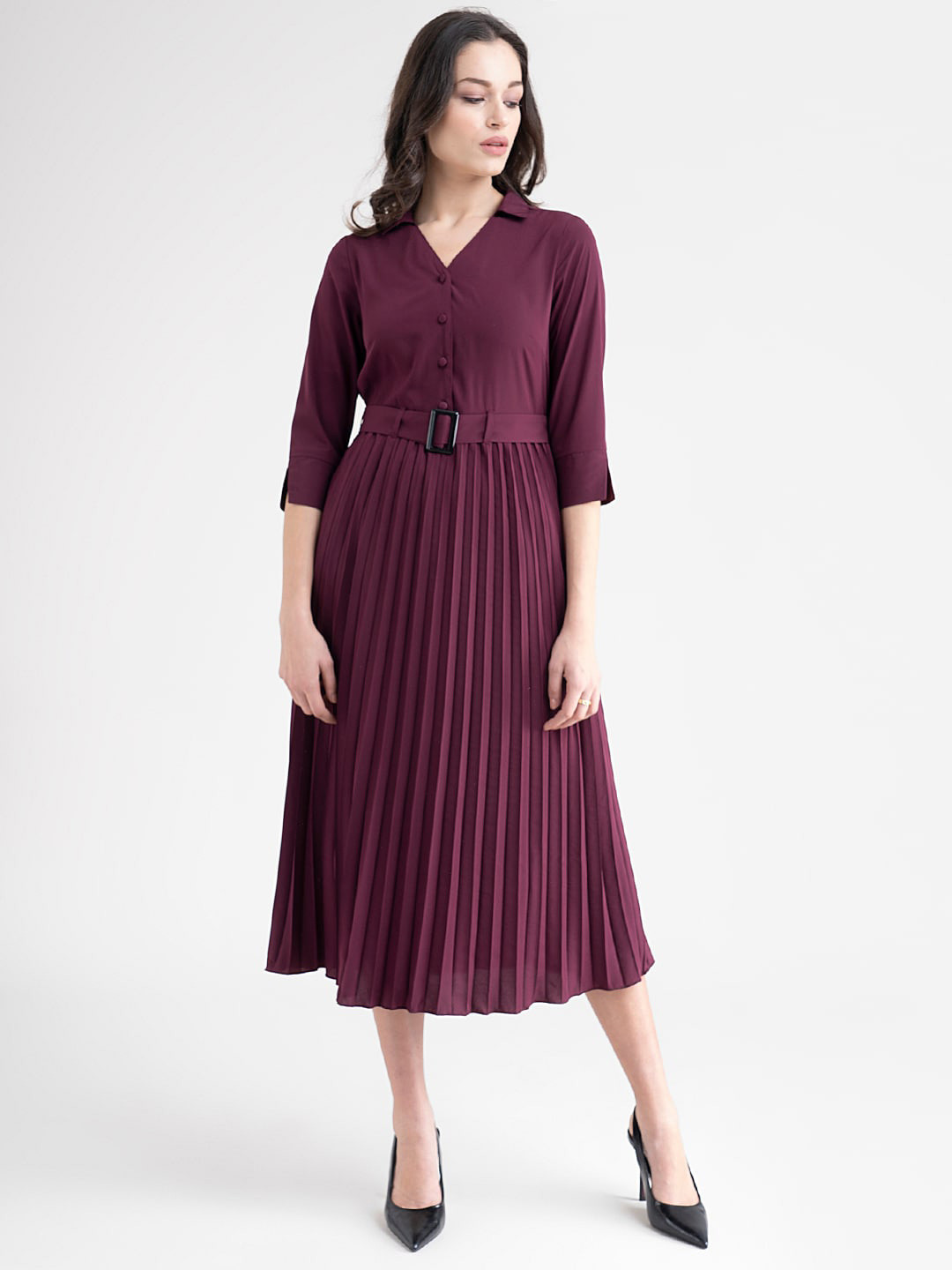 FableStreet Maroon Striped A-Line Midi Women Dress