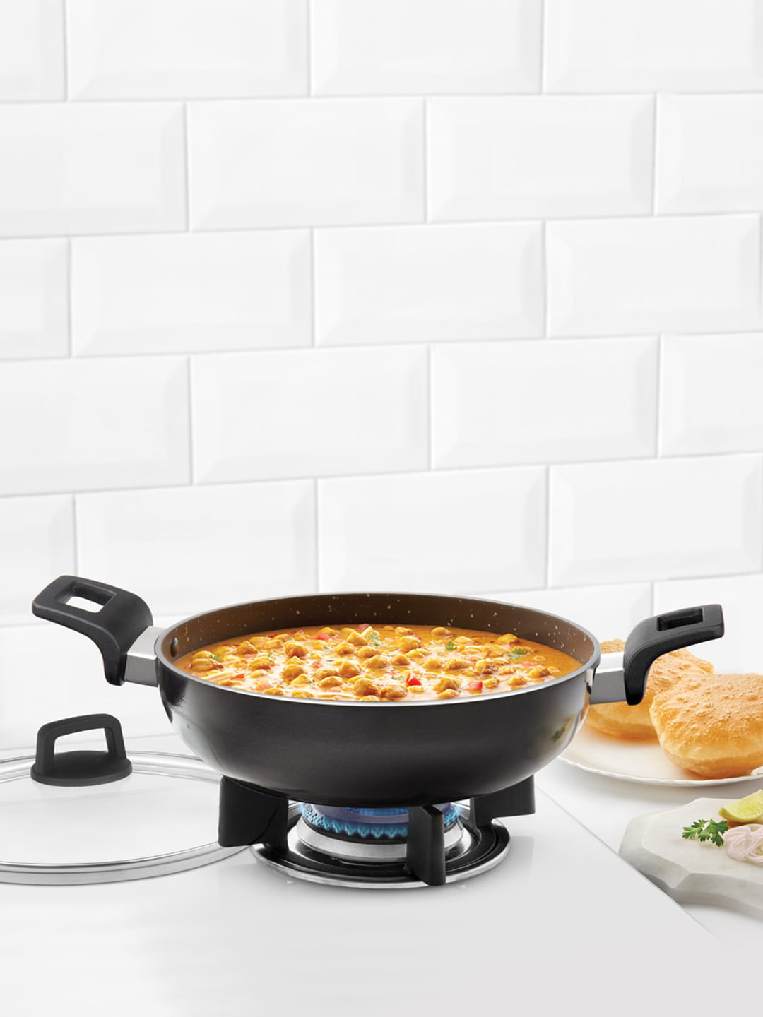 BOROSIL Black Non-stick Flat Kadhai With Lid